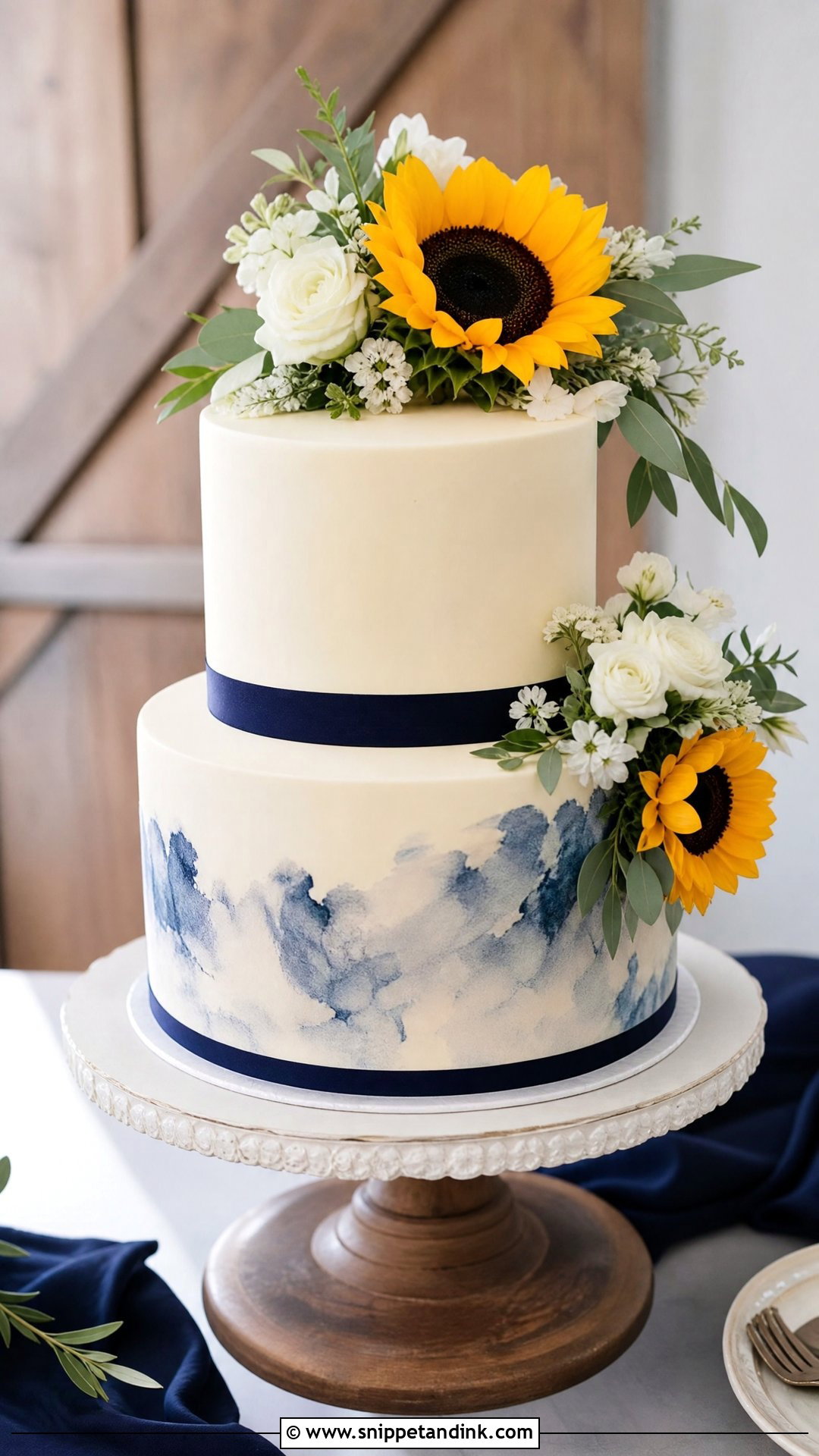Sunflower Wedding Cake With Navy Blue - Snippet and Ink - 30 Sunflower Cake Design Ideas for Wedding