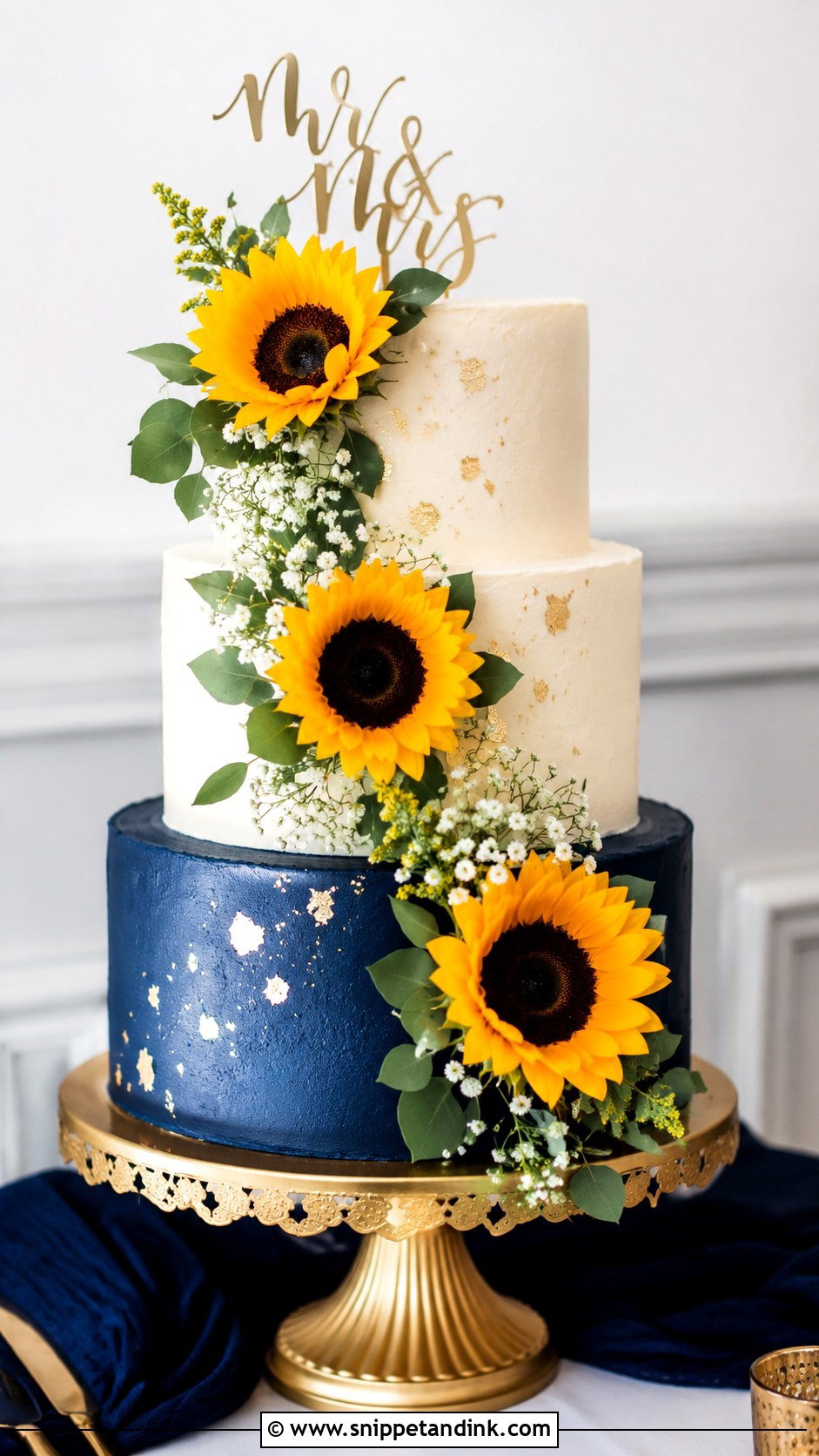 Sunflower Wedding Cake With Navy Blue - Snippet and Ink - 20 Sunflower Wedding Cake Ideas
