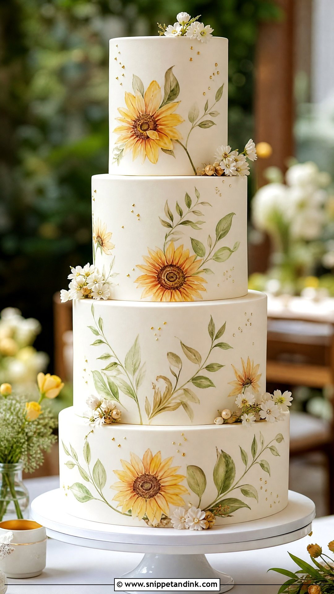 Sunflower Wedding Cake With Painted Flowers - Snippet and Ink - 20 Sunflower Themed Cake Ideas for Wedding