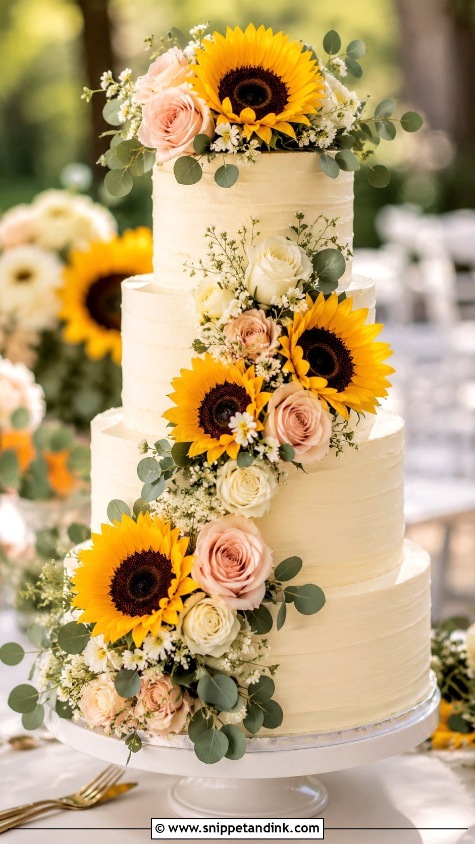 Sunflower Wedding Cake With Roses - Snippet and Ink - 20 Sunflower Wedding Cake Ideas