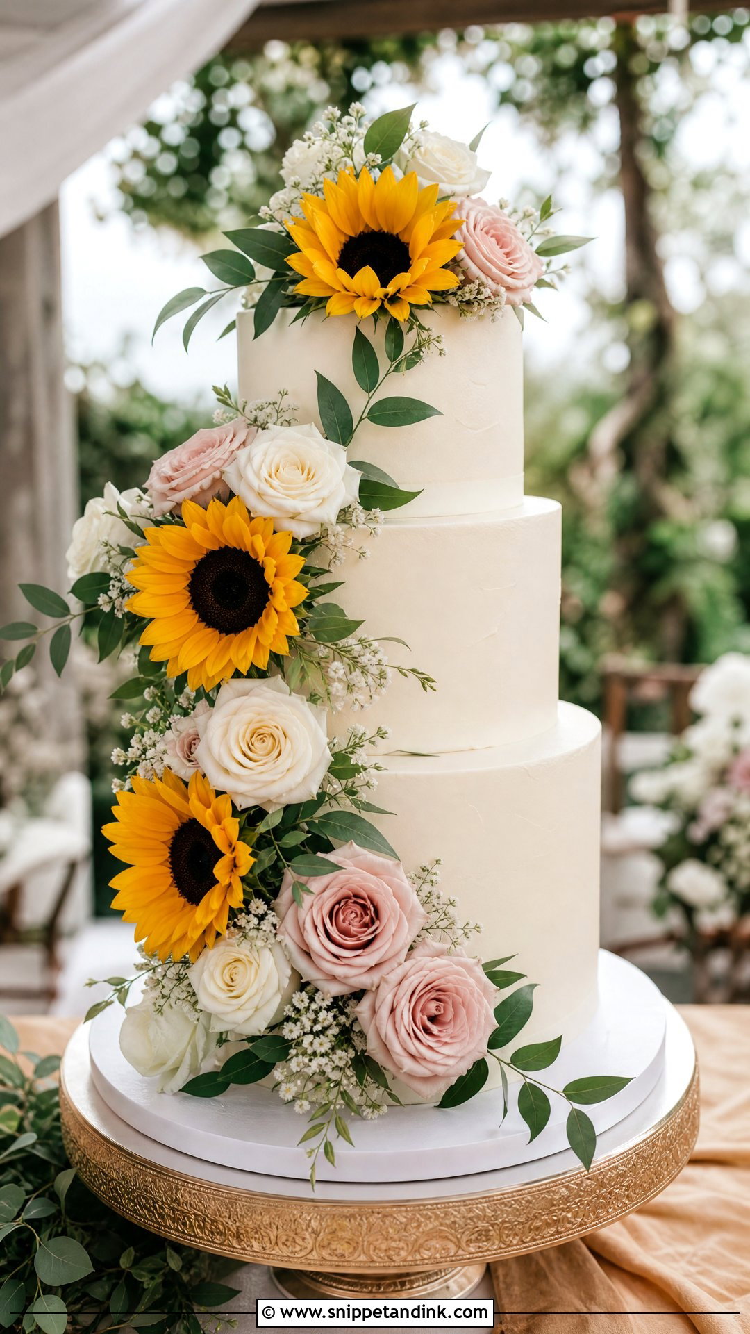 Sunflower Wedding Cake With Roses - Snippet and Ink - 20 Sunflower Themed Cake Ideas for Wedding