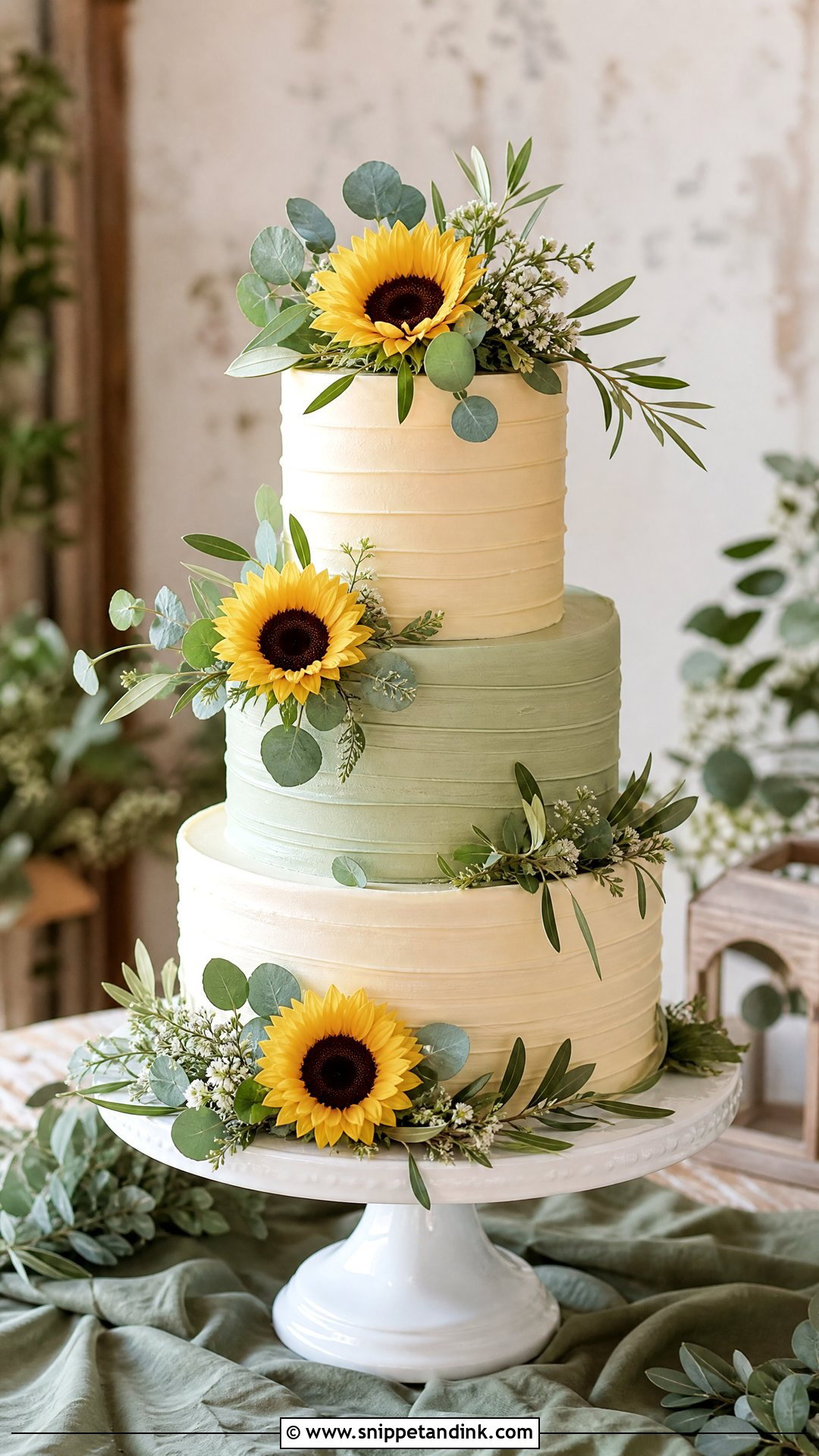Sunflower Wedding Cake With Sage Green - Snippet and Ink - 30 Sunflower Cake Design Ideas for Wedding