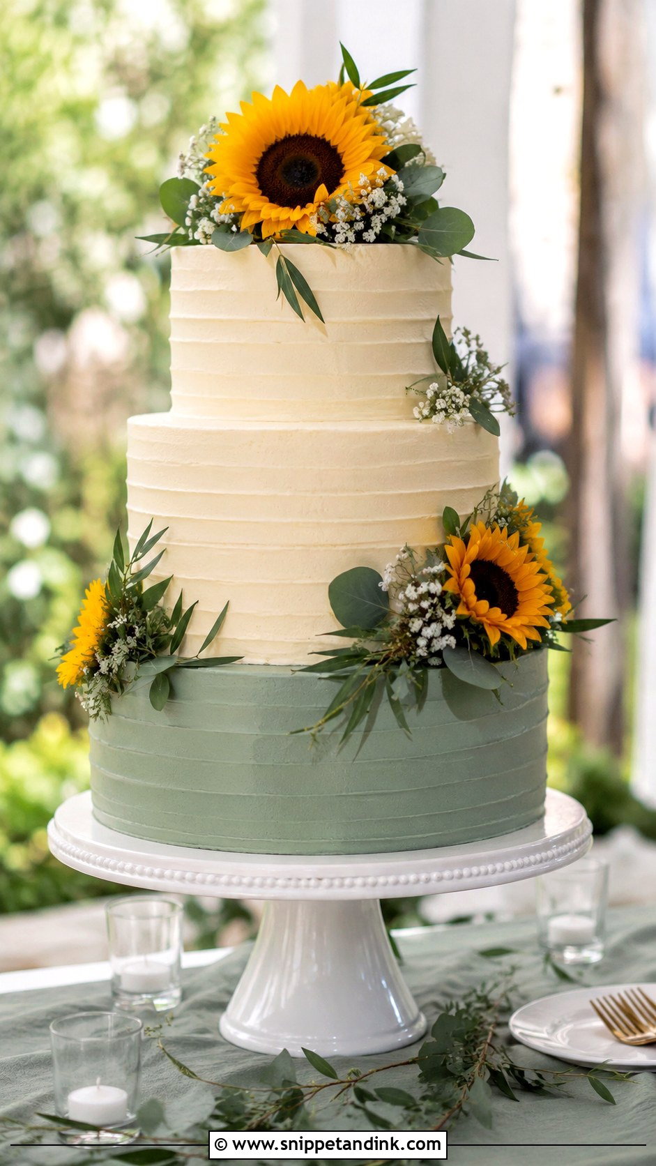 Sunflower Wedding Cake With Sage Green - Snippet and Ink - 20 Sunflower Wedding Cake Ideas