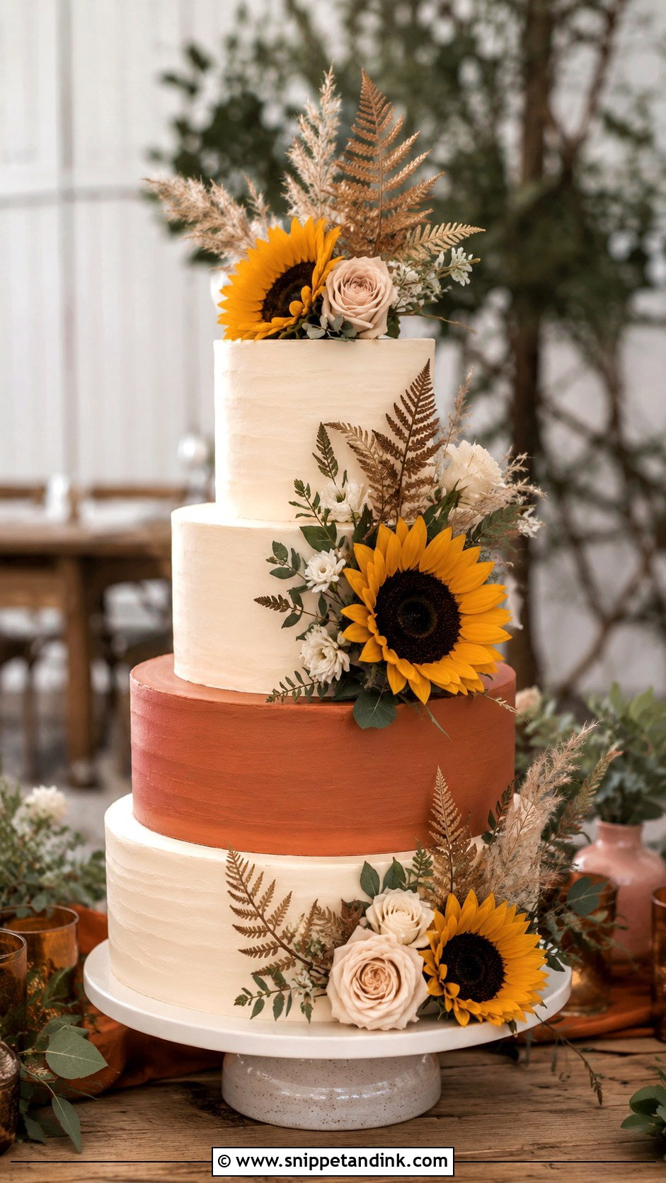 Sunflower Wedding Cake With Terracotta - Snippet and Ink - 20 Sunflower Wedding Cake Ideas