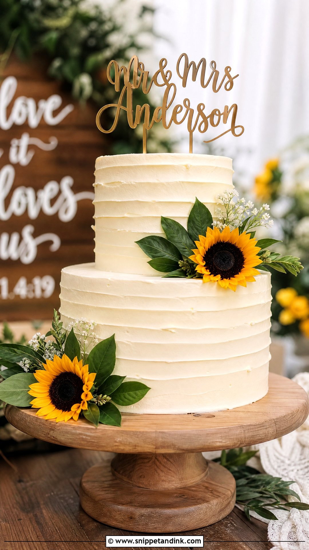 Sunflower Wedding Cake With Topper - Snippet and Ink - 20 Sunflower Themed Cake Ideas for Wedding
