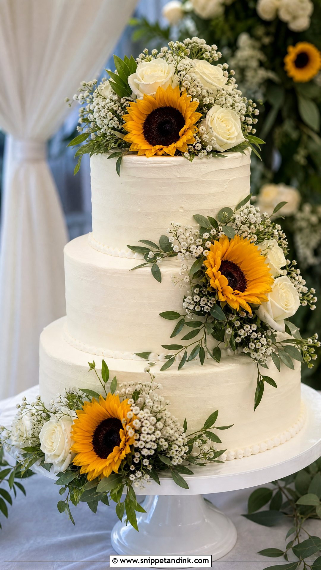 Sunflower Wedding Cake With White Roses - Snippet and Ink - 30 Sunflower Cake Design Ideas for Wedding