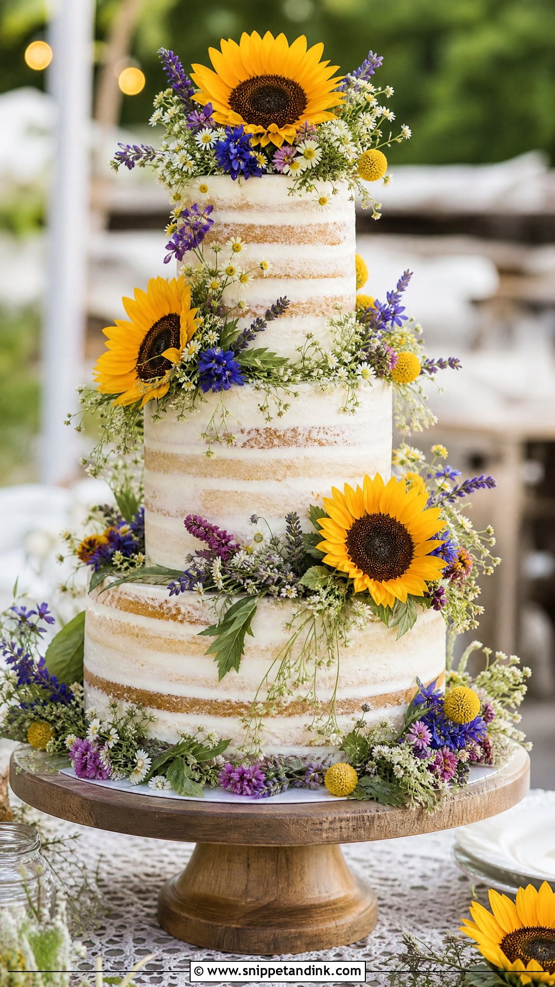 Sunflower Wedding Cake With Wildflowers - Snippet and Ink - 30 Sunflower Cake Design Ideas for Wedding