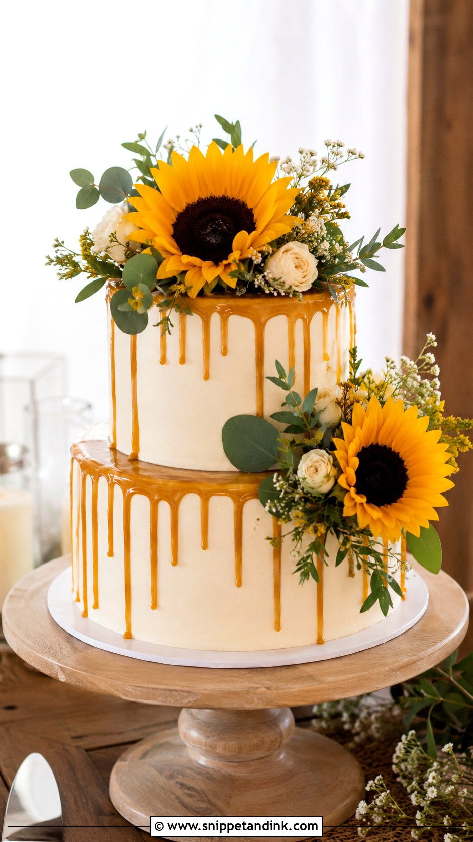 Sunflower Wedding Cake With Wood Stand - Snippet and Ink - 20 Sunflower Wedding Cake Ideas