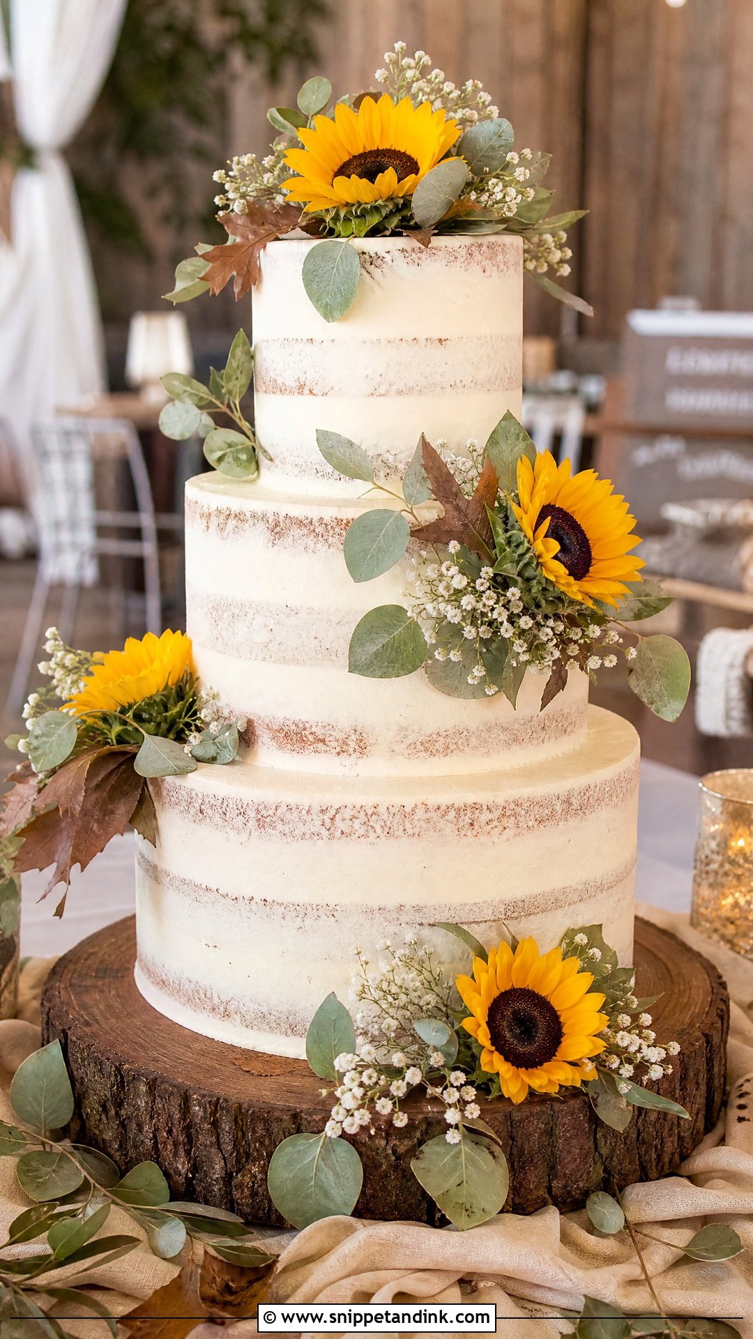 Sunflower Wedding Cake With Wood Stand - Snippet and Ink - 30 Sunflower Cake Design Ideas for Wedding