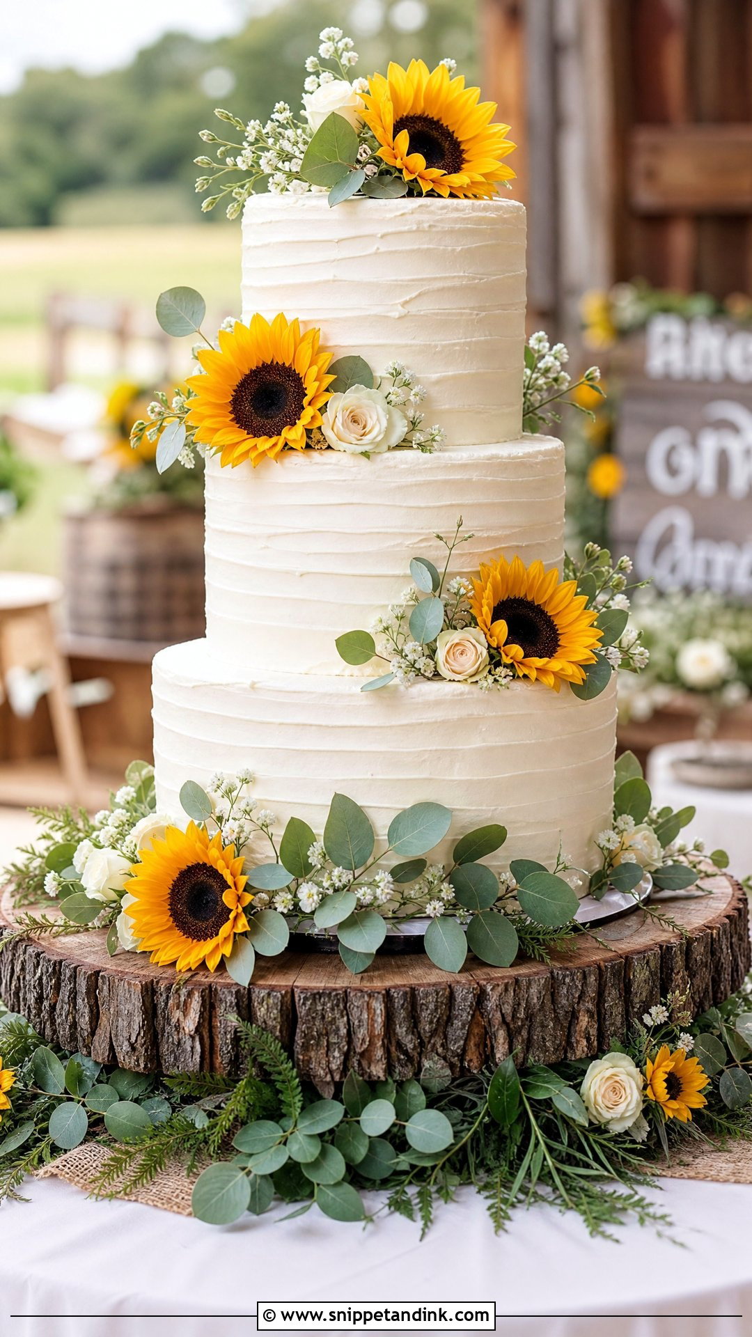 Sunflower Wedding Cake With Wood Stand - Snippet and Ink - 20 Sunflower Themed Cake Ideas for Wedding