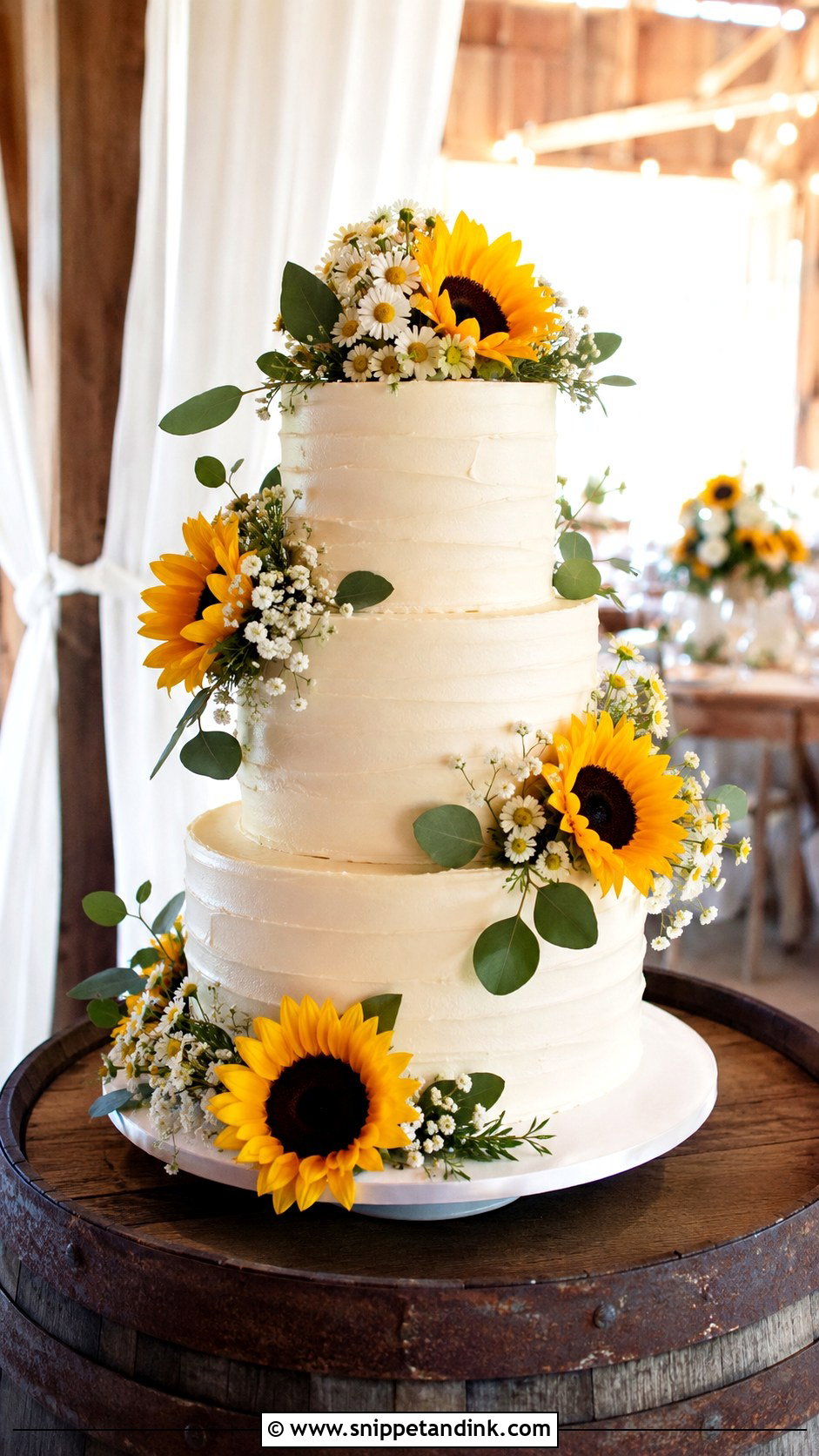Sunflower Wedding Cake on Barrel - Snippet and Ink - 20 Wedding Cake Ideas on Barrel