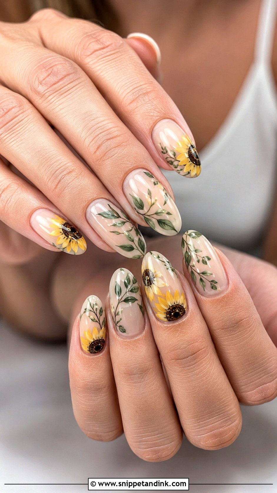 Sunflower Wedding Nails With Green Leaves - Snippet and Ink - 20 Sunflower Wedding Nails