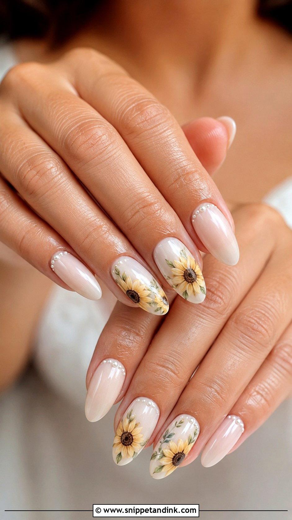 Sunflower Wedding Nails With Pearl Accents - Snippet and Ink - 20 Sunflower Wedding Nails