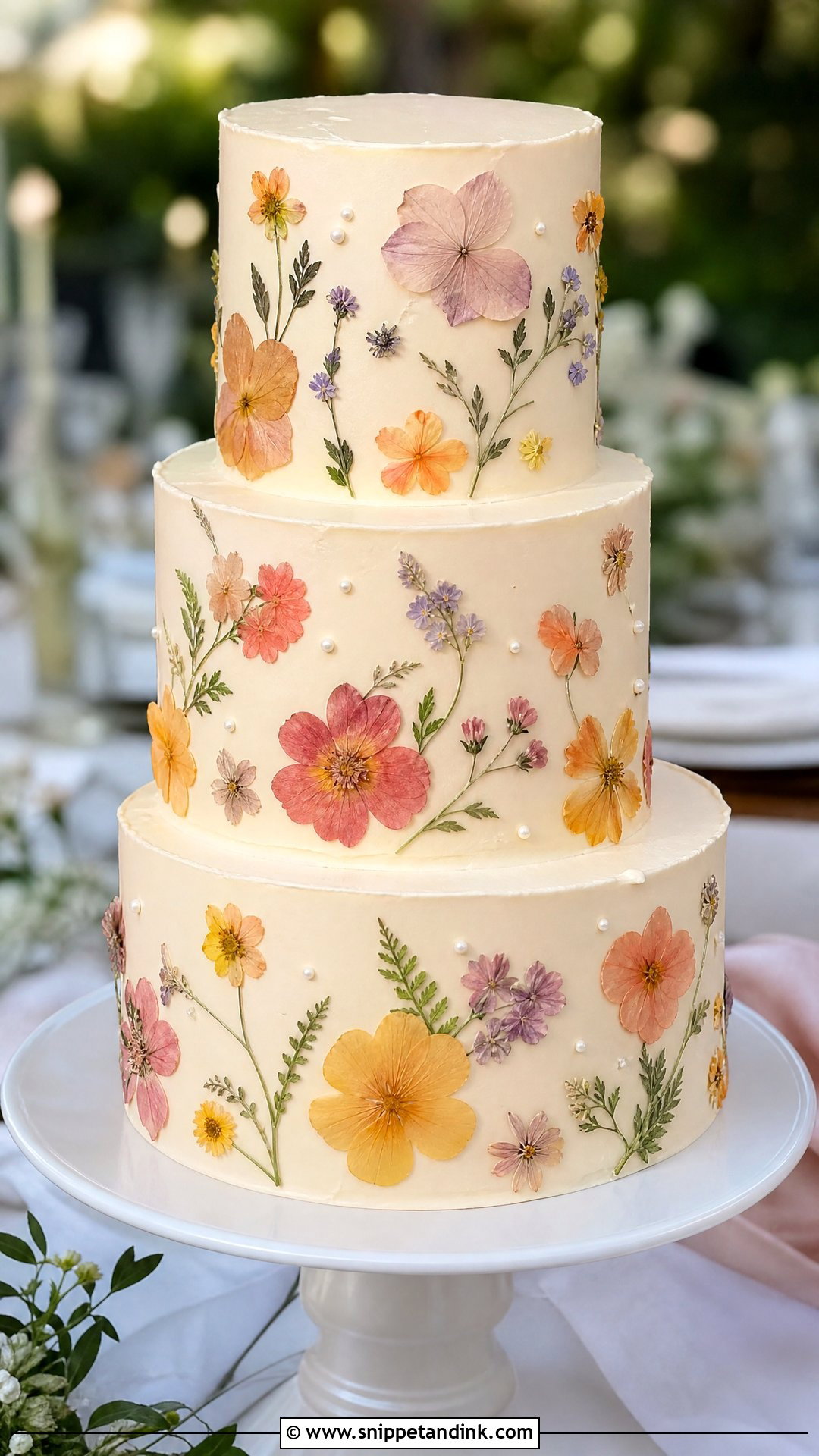 Sunset Pressed Flower Wedding Cake - Snippet and Ink - 30 Sunset Cake Ideas for Wedding