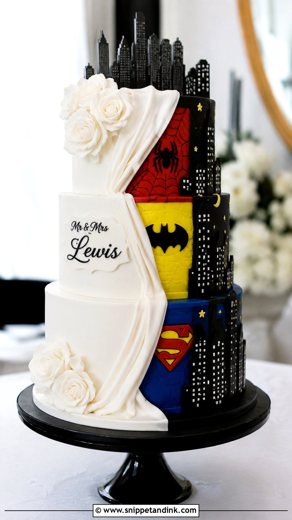 Superhero Reveal Wedding Cake - Snippet and Ink - 20 Reveal Wedding Cake Ideas