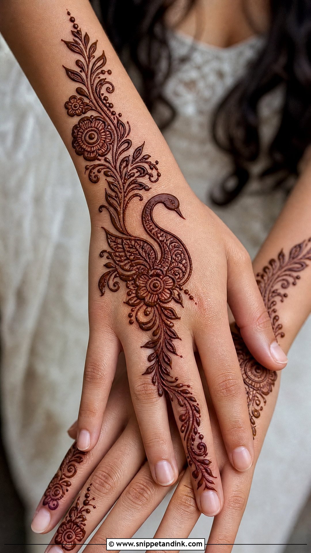 Swan Back Hand Trail Mehndi Design - Snippet and Ink - 30 Swan Mehndi Designs