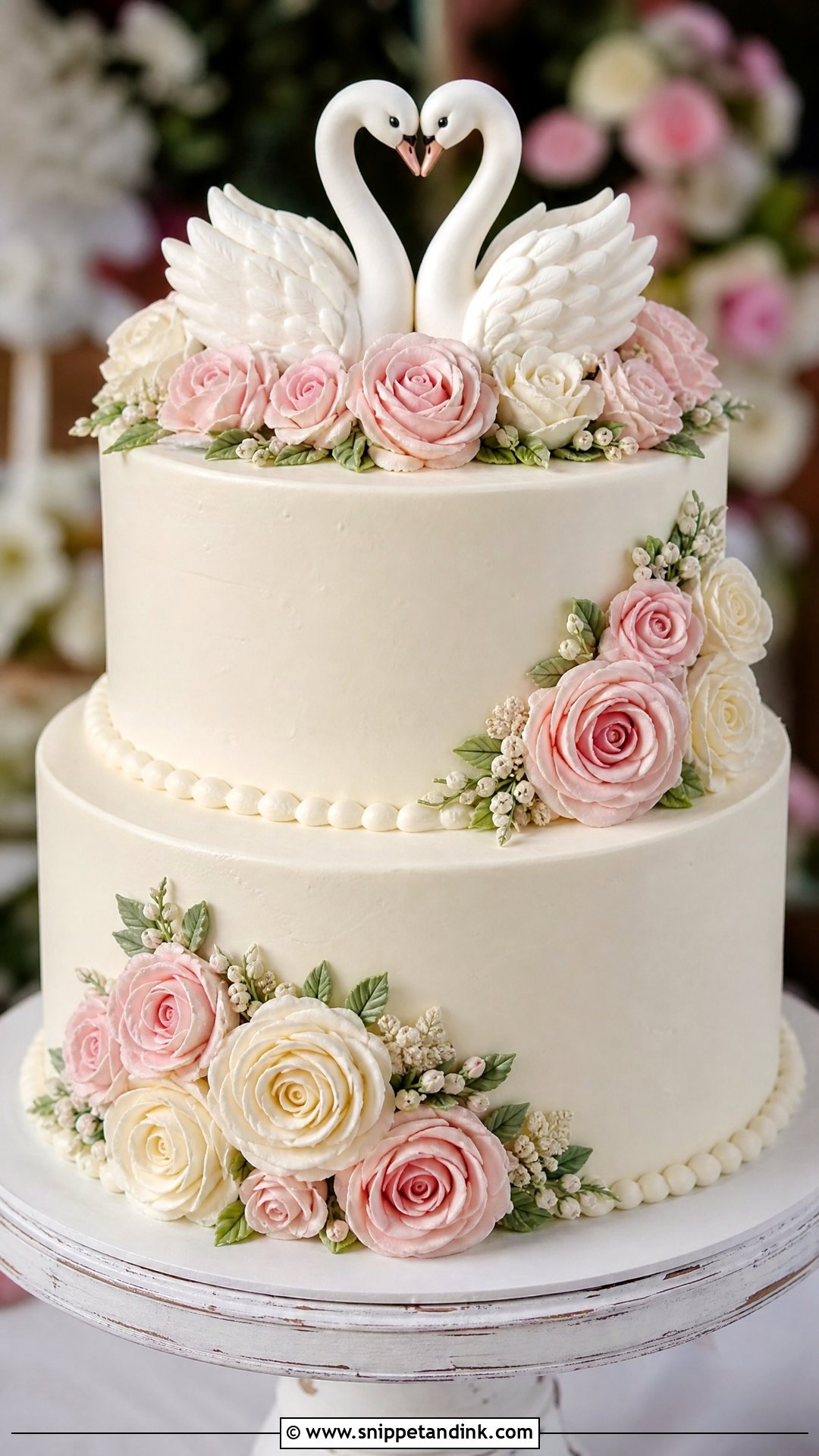 Swan Wedding Cake With Buttercream Roses - Snippet and Ink - 30 Swan Cake Ideas for Wedding