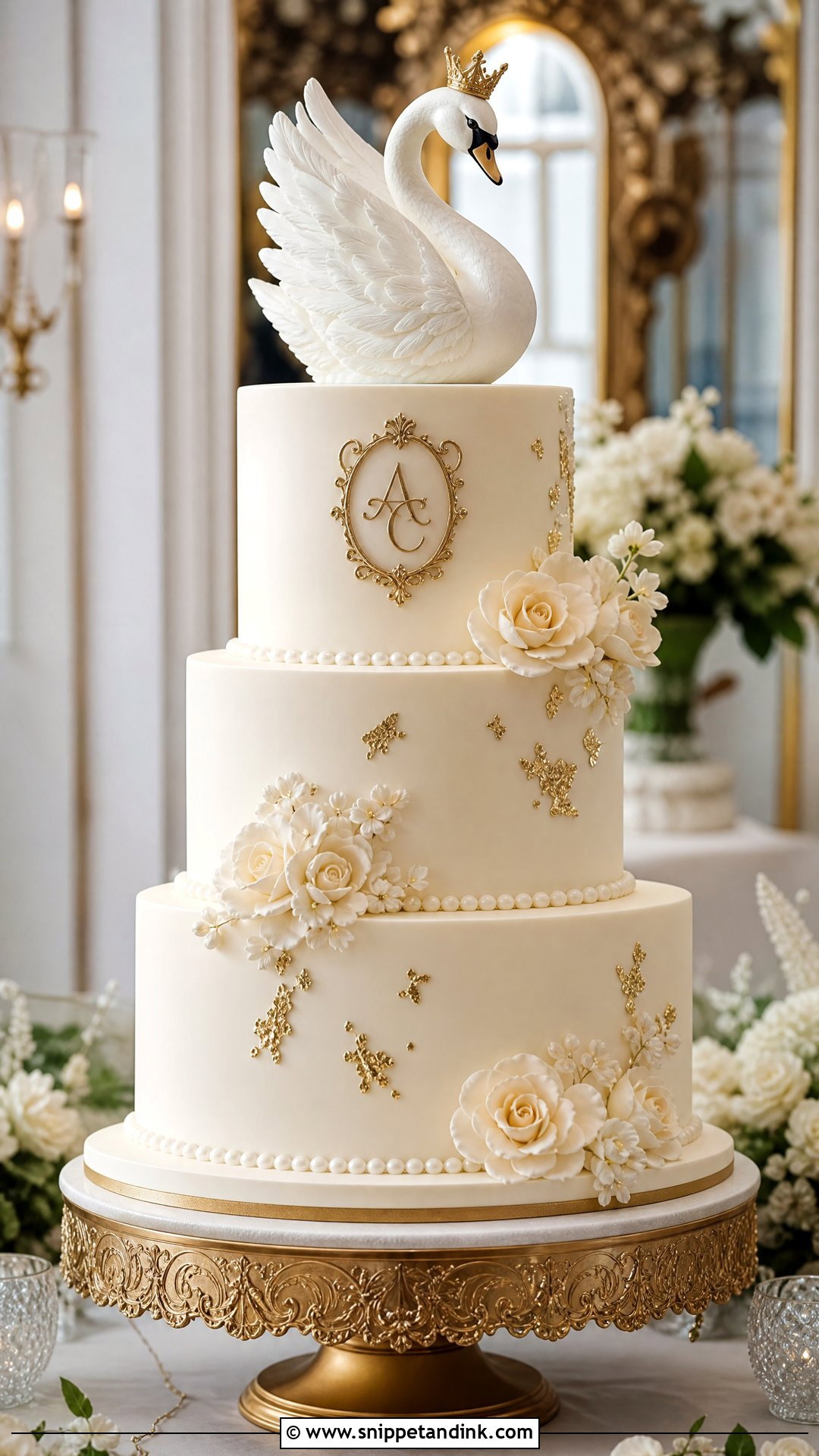 Swan Wedding Cake With Crown Topper - Snippet and Ink - 30 Swan Cake Ideas for Wedding