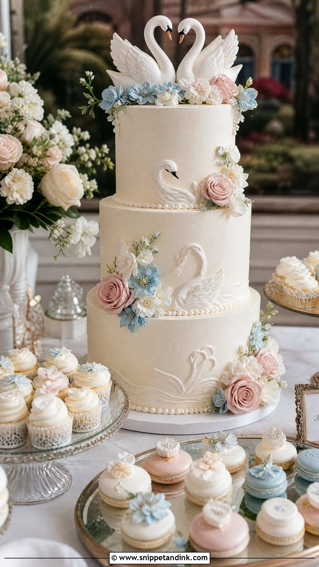 Swan Wedding Cake With Dessert Table - Snippet and Ink - 30 Swan Cake Ideas for Wedding