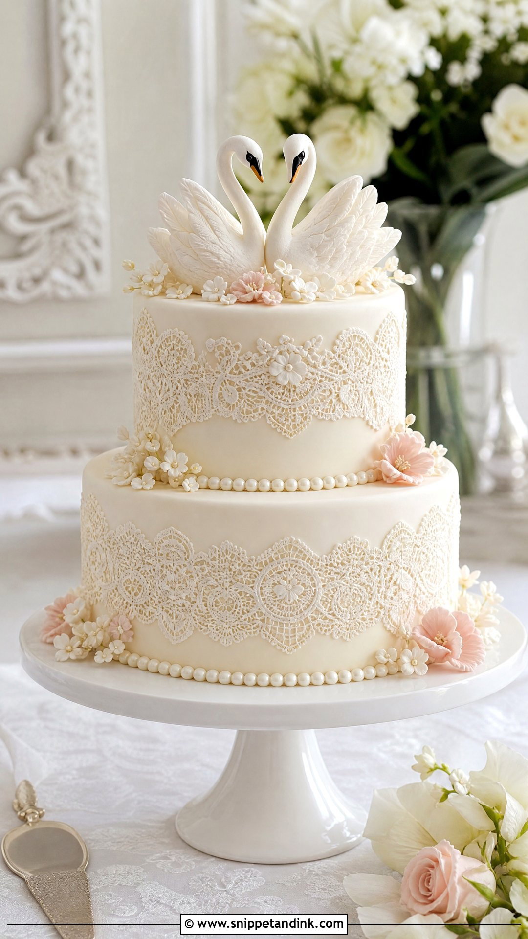 Swan Wedding Cake With Edible Lace - Snippet and Ink - 30 Swan Cake Ideas for Wedding
