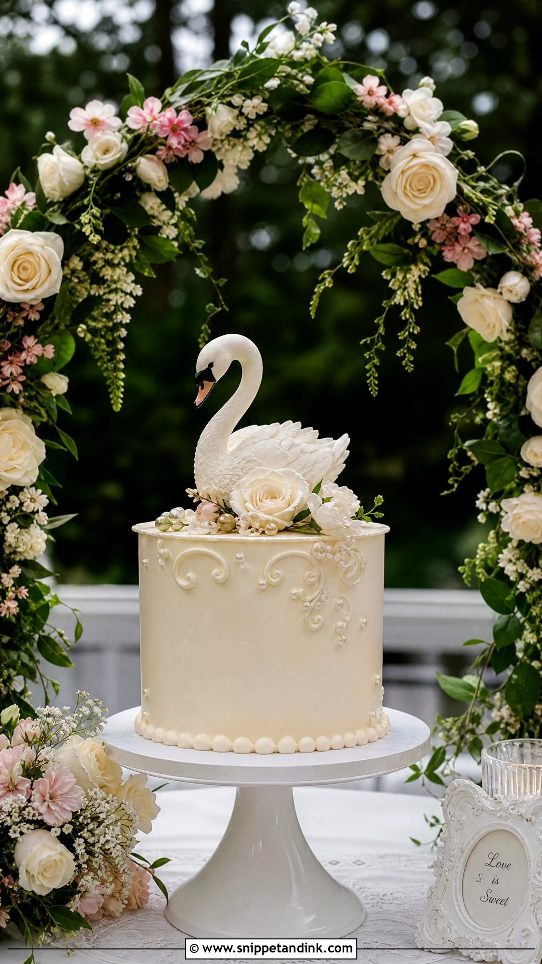 Swan Wedding Cake With Floral Arch - Snippet and Ink - 30 Swan Cake Ideas for Wedding