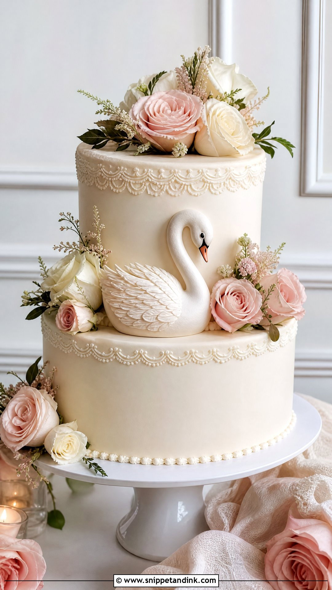 Swan Wedding Cake With Fresh Roses - Snippet and Ink - 30 Swan Cake Ideas for Wedding