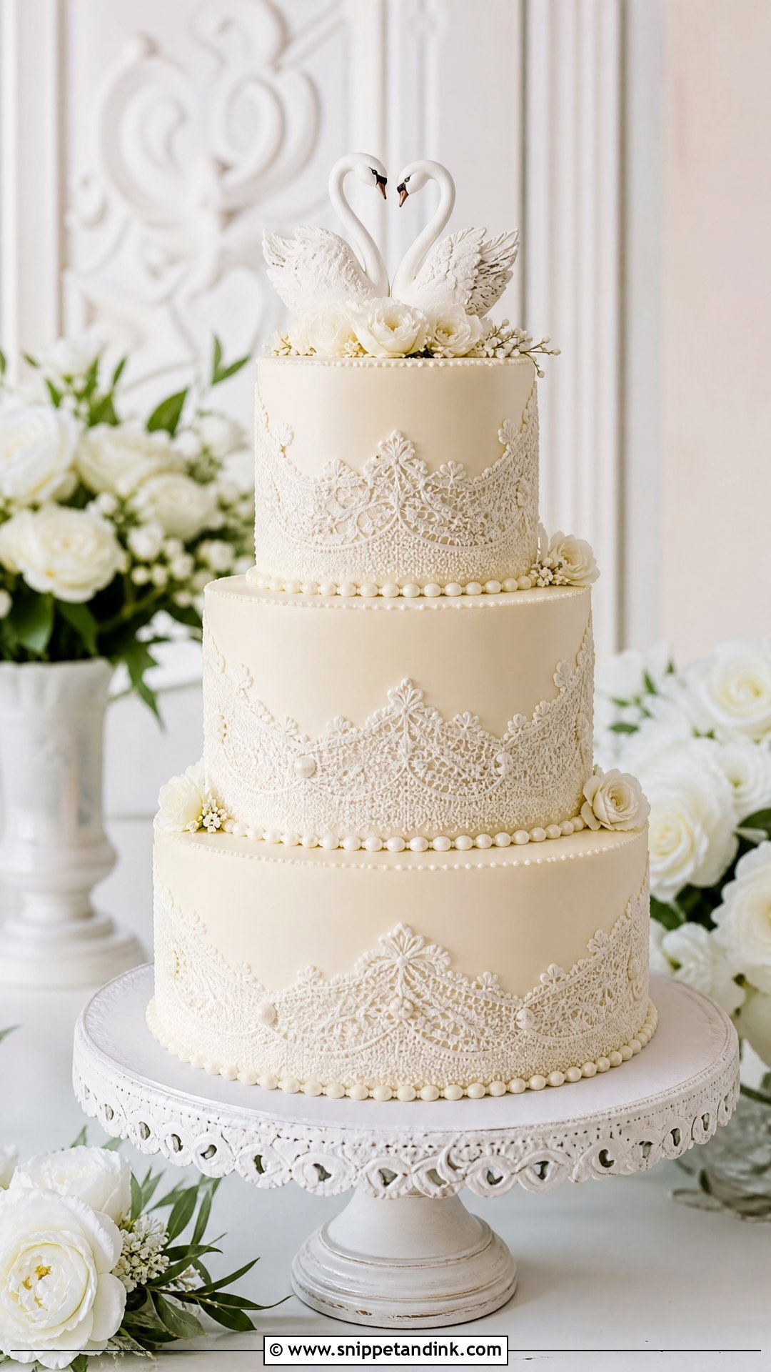 Swan Wedding Cake With Lace Piping - Snippet and Ink - 30 Swan Cake Ideas for Wedding