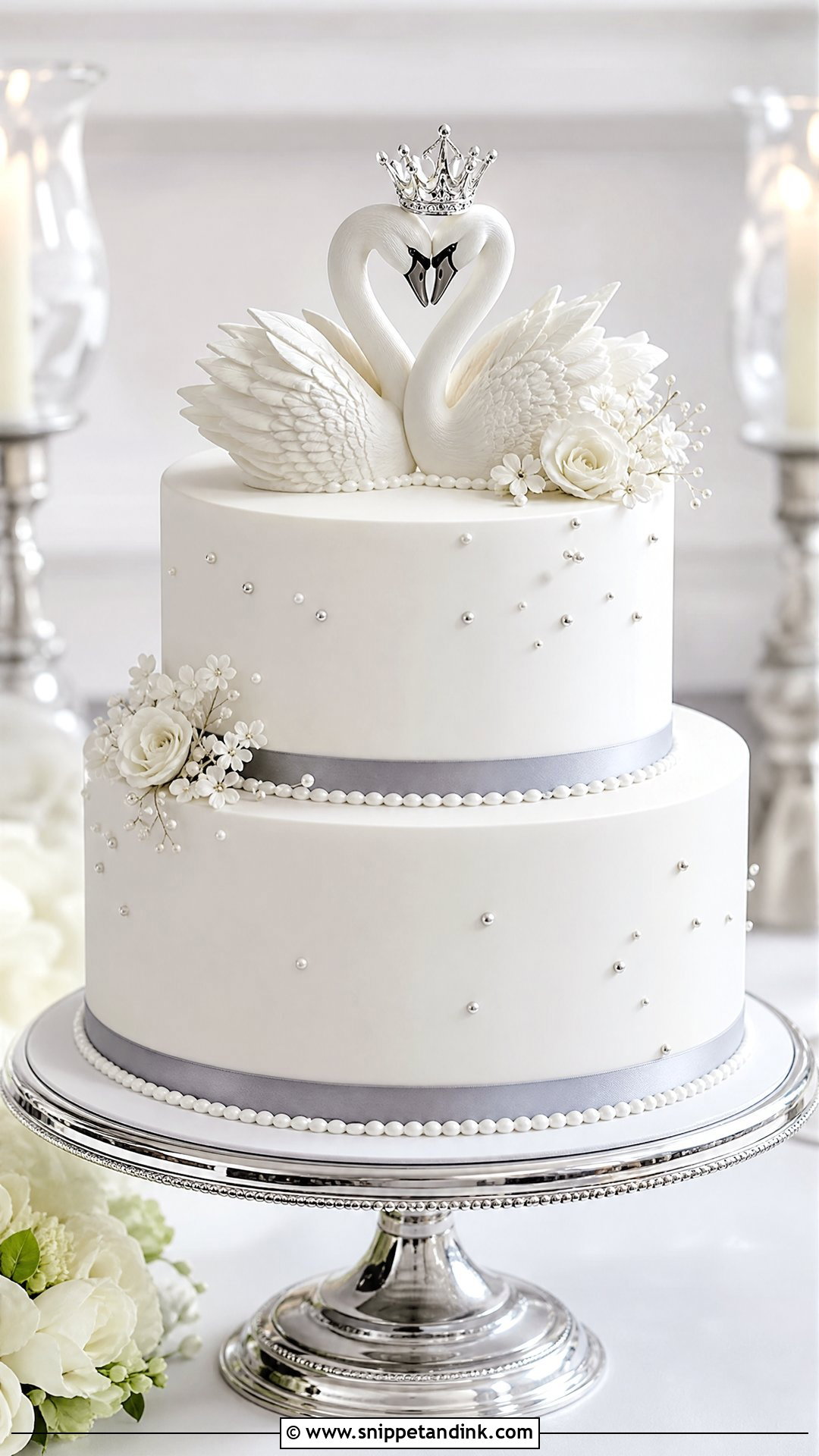 Swan Wedding Cake With Silver Pearls - Snippet and Ink - 30 Swan Cake Ideas for Wedding