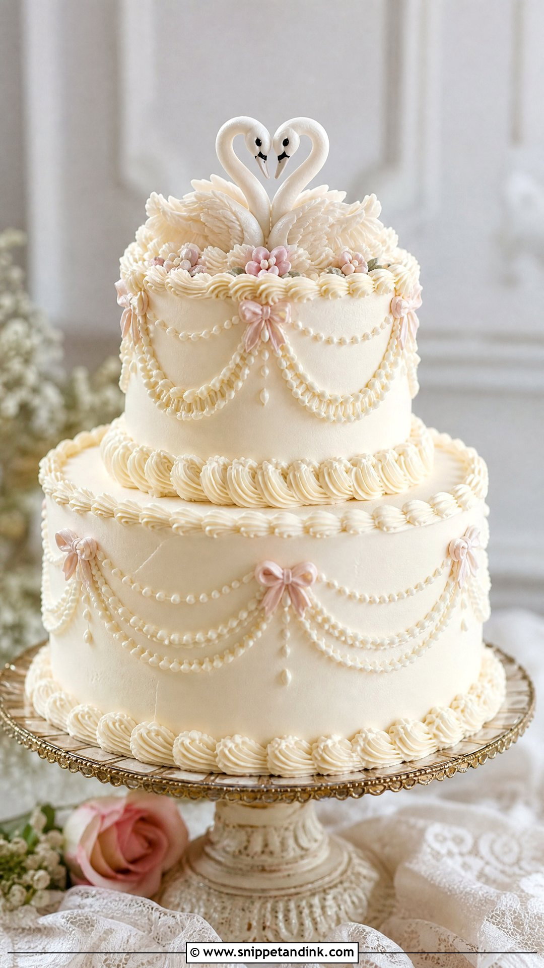 Swan Wedding Cake With Vintage Piping - Snippet and Ink - 30 Swan Cake Ideas for Wedding