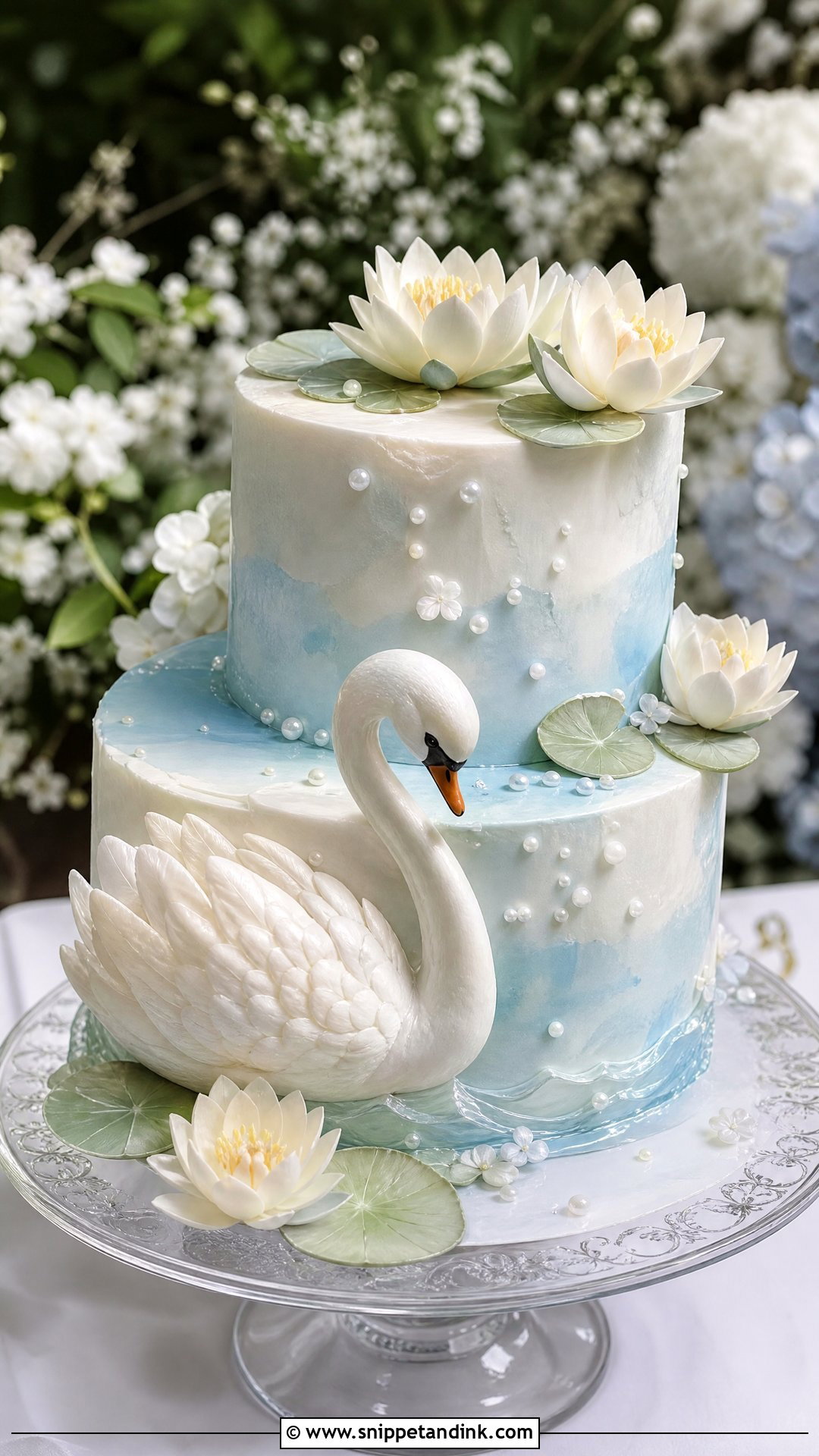 Swan Wedding Cake With Water Lily Toppers - Snippet and Ink - 30 Swan Cake Ideas for Wedding