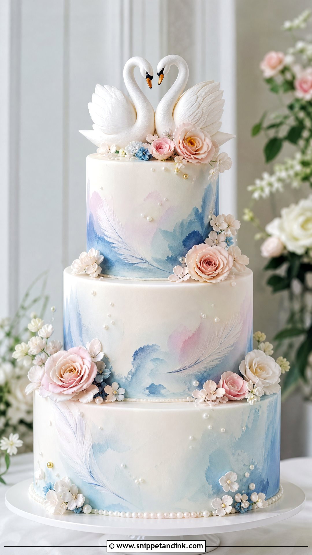 Swan Wedding Cake With Watercolor Effect - Snippet and Ink - 30 Swan Cake Ideas for Wedding