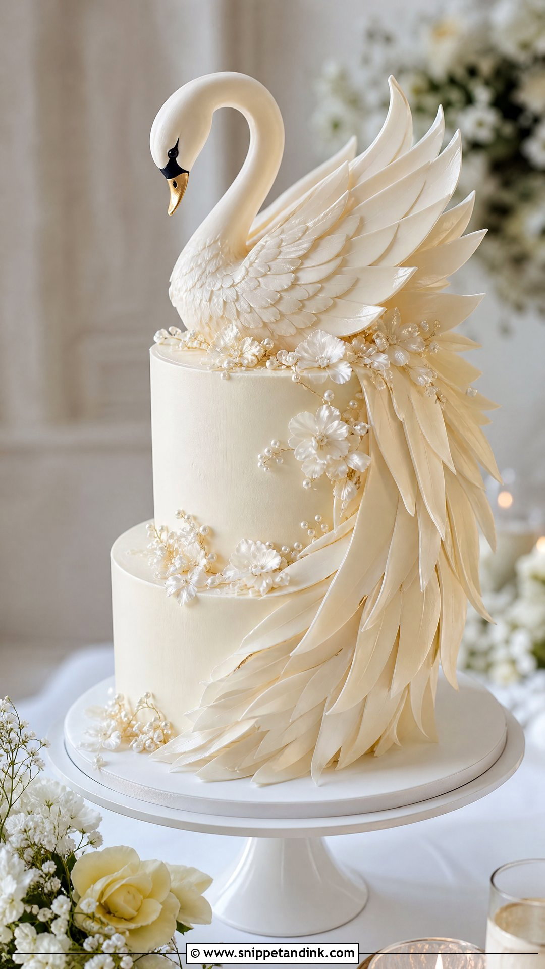 Swan Wedding Cake With White Chocolate Wings - Snippet and Ink - 30 Swan Cake Ideas for Wedding