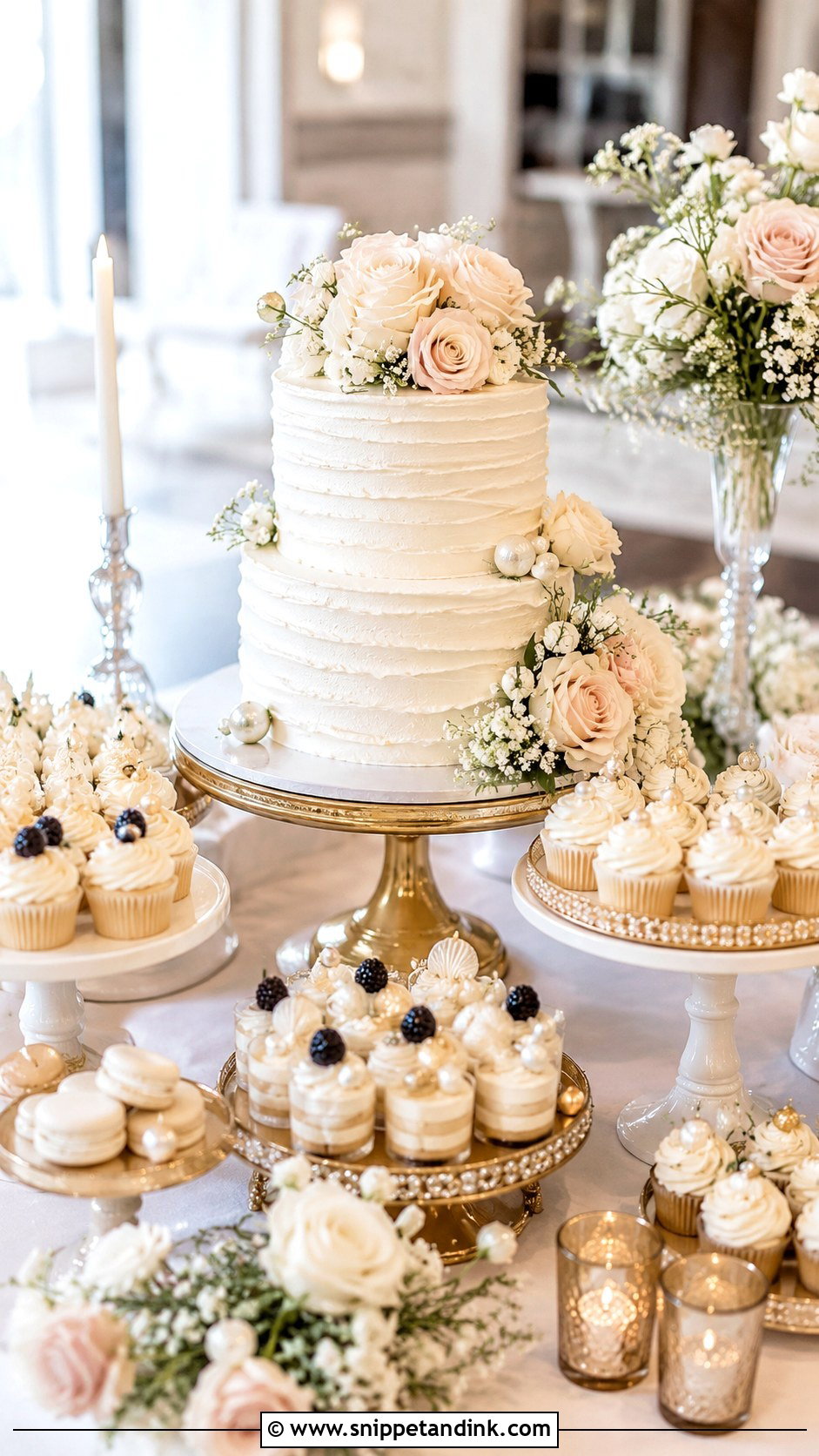 Swiss Meringue Buttercream Dessert Table Wedding Cake - Snippet and Ink - 25 Swiss Meringue Buttercream Wedding Cake Ideas
