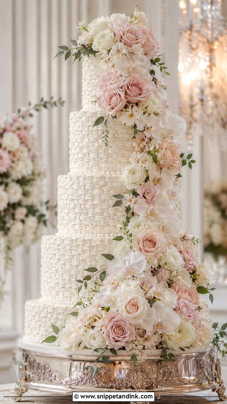 Tall Basket Wedding Cake With Cascading Flowers - Snippet and Ink - 20 Basket Cakes with Flowers for Wedding