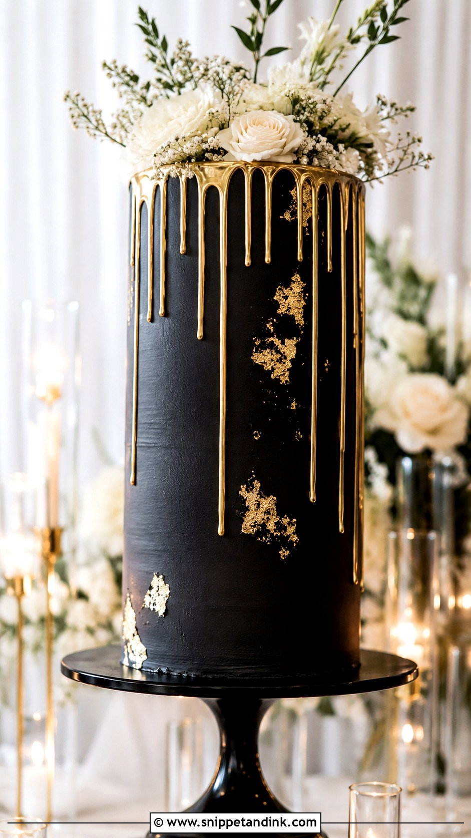 Tall Black Gold Drip Wedding Cake - Snippet and Ink - 20 Black and Gold Drip Cake Ideas for Wedding