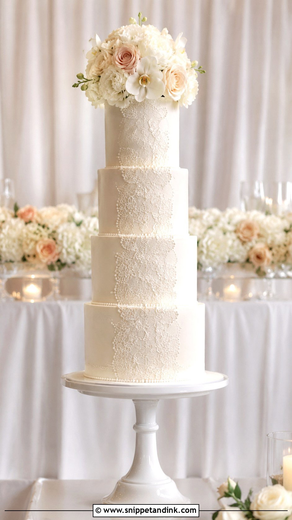 Tall Lace Wedding Cake With Floral Topper - Snippet and Ink - 25 Lace Wedding Cake Ideas with Flowers