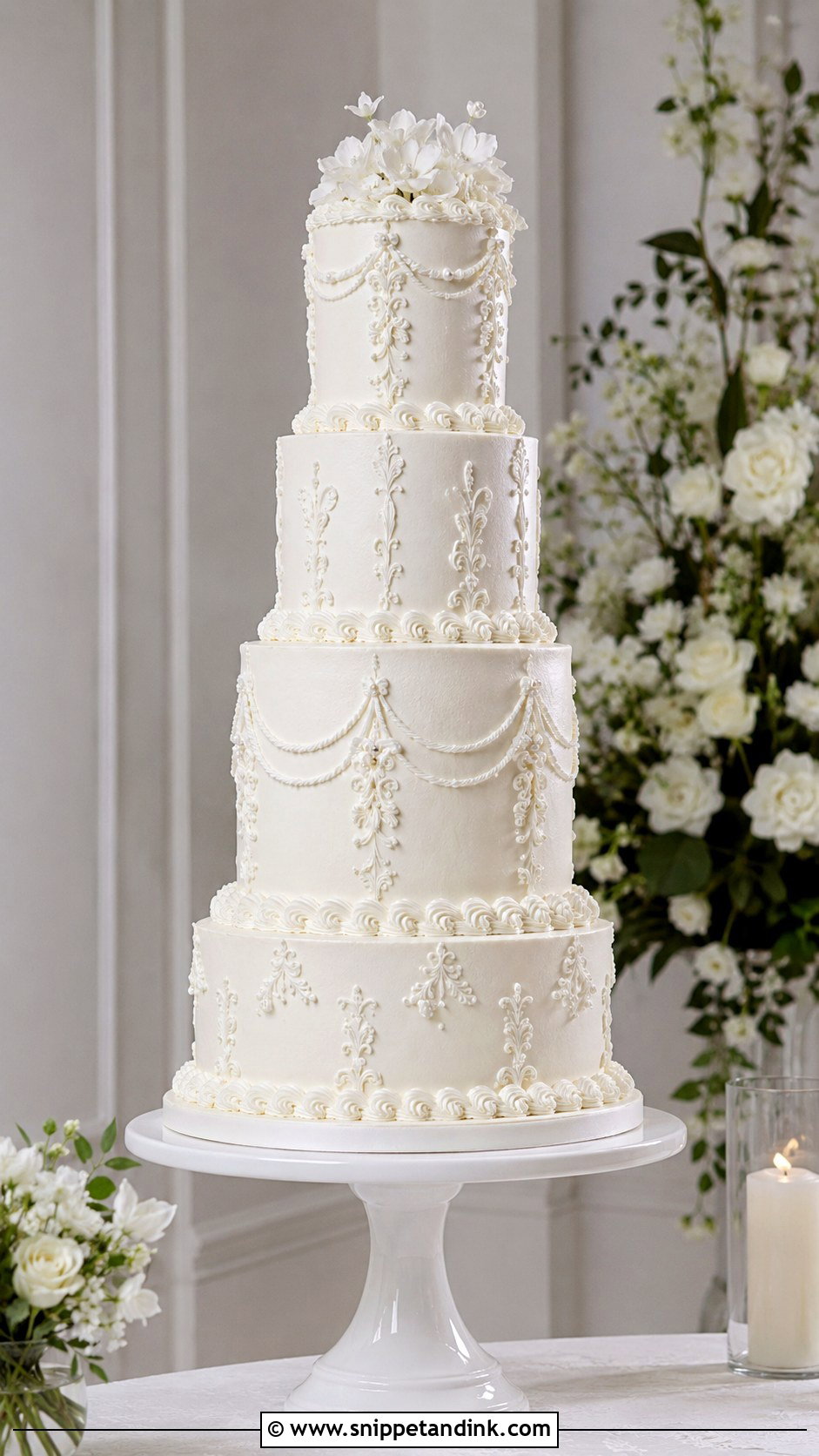 Tall Tier Piping Wedding Cake - Snippet and Ink - 20 Traditional Piping Wedding Cake Ideas
