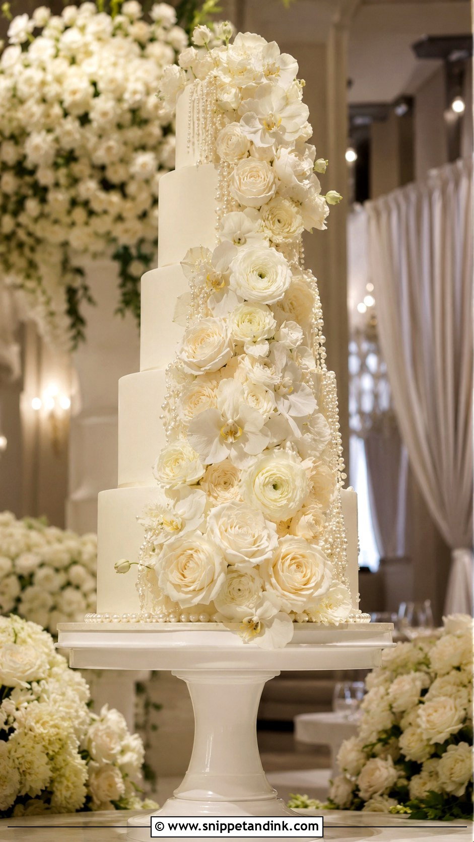 Tall Wedding Cake With Cascading Flowers And Pearls - Snippet and Ink - 30 Wedding Cake Ideas with Flowers and Pearls