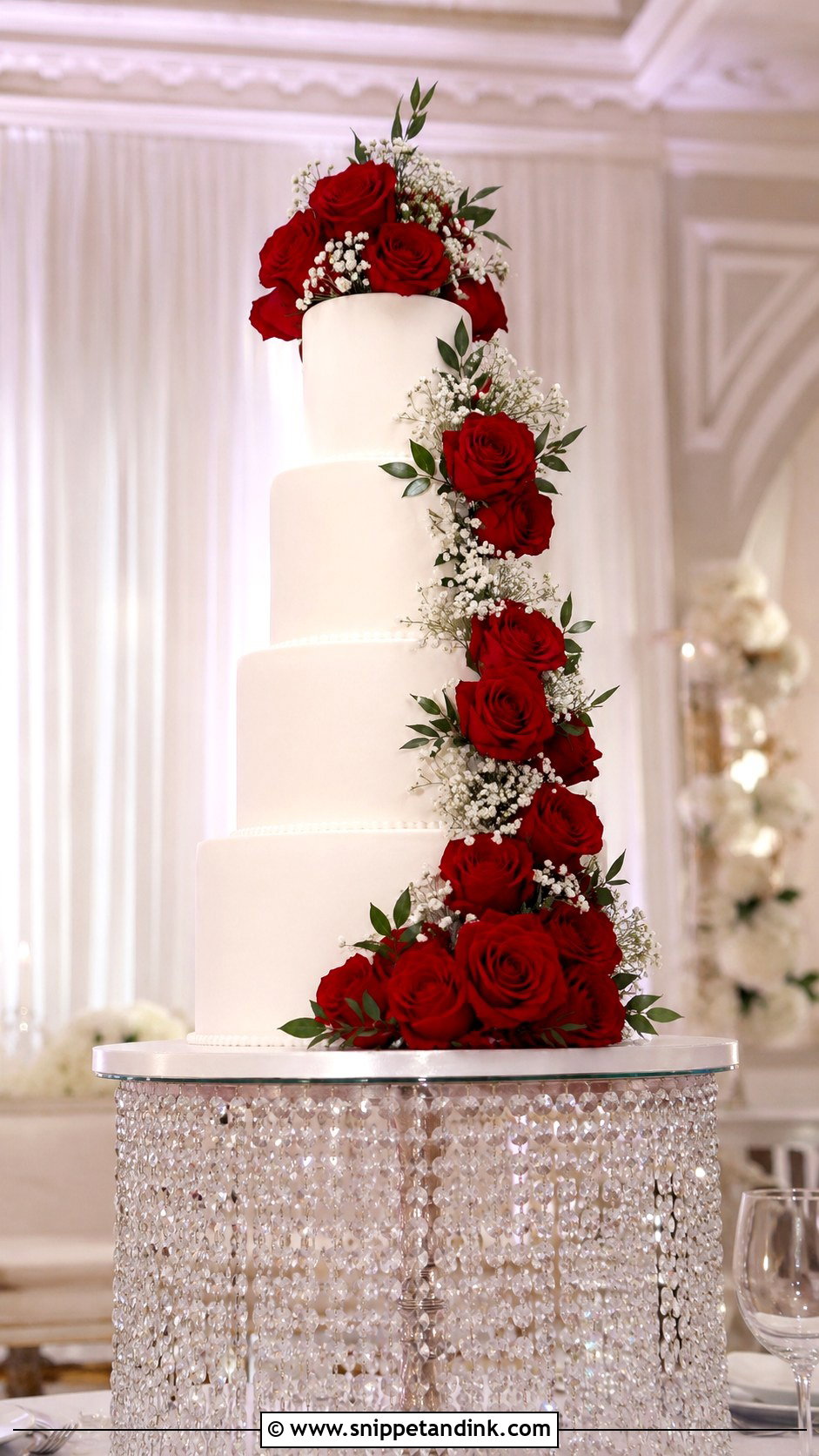 Tall White Wedding Cake With Red Roses - Snippet and Ink - 30 White Wedding Cake Ideas with Red Roses