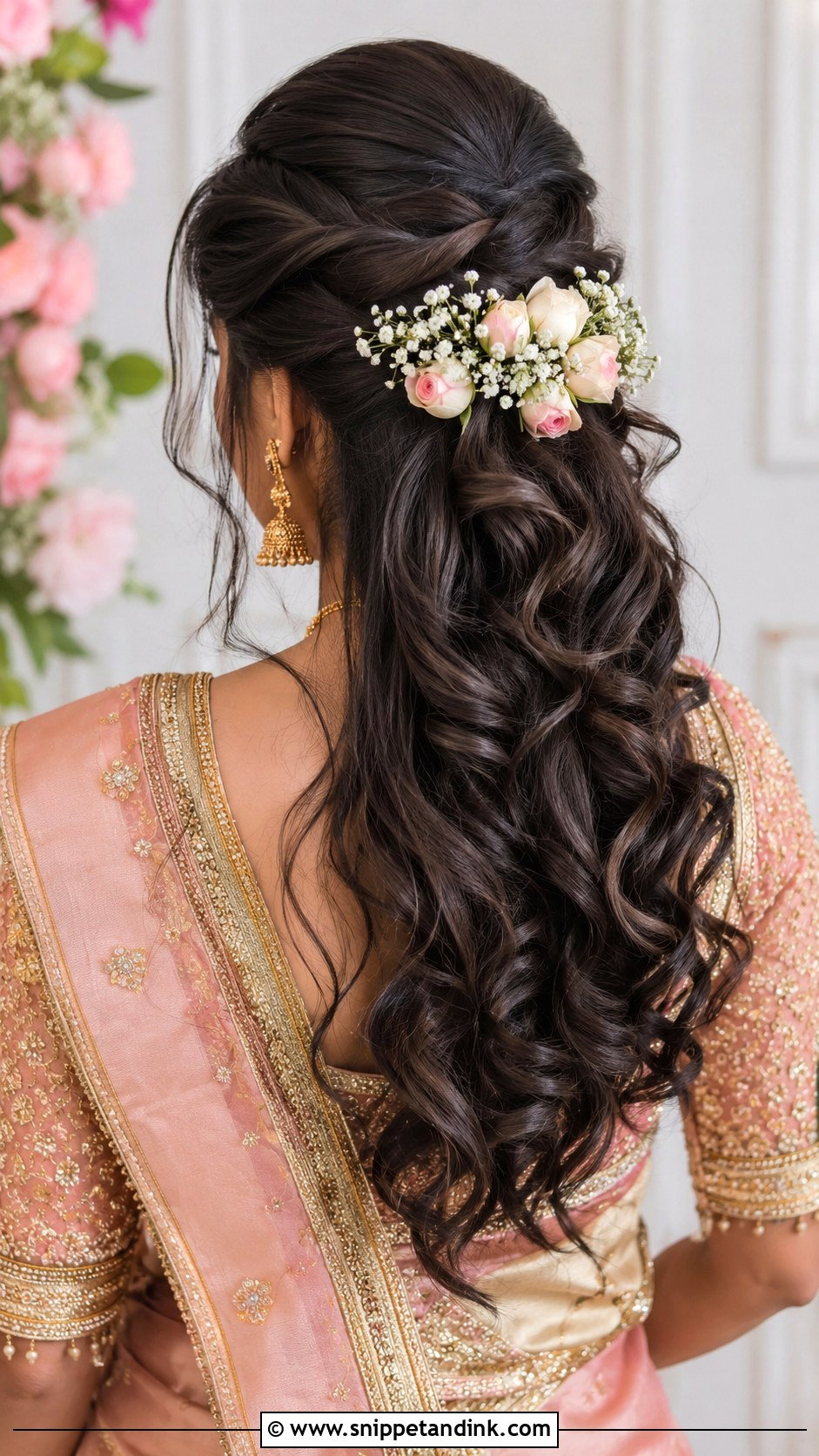 Tamil Bridal Half Up Curls With Flowers - Snippet and Ink - 15 Tamil Wedding Hair Ideas