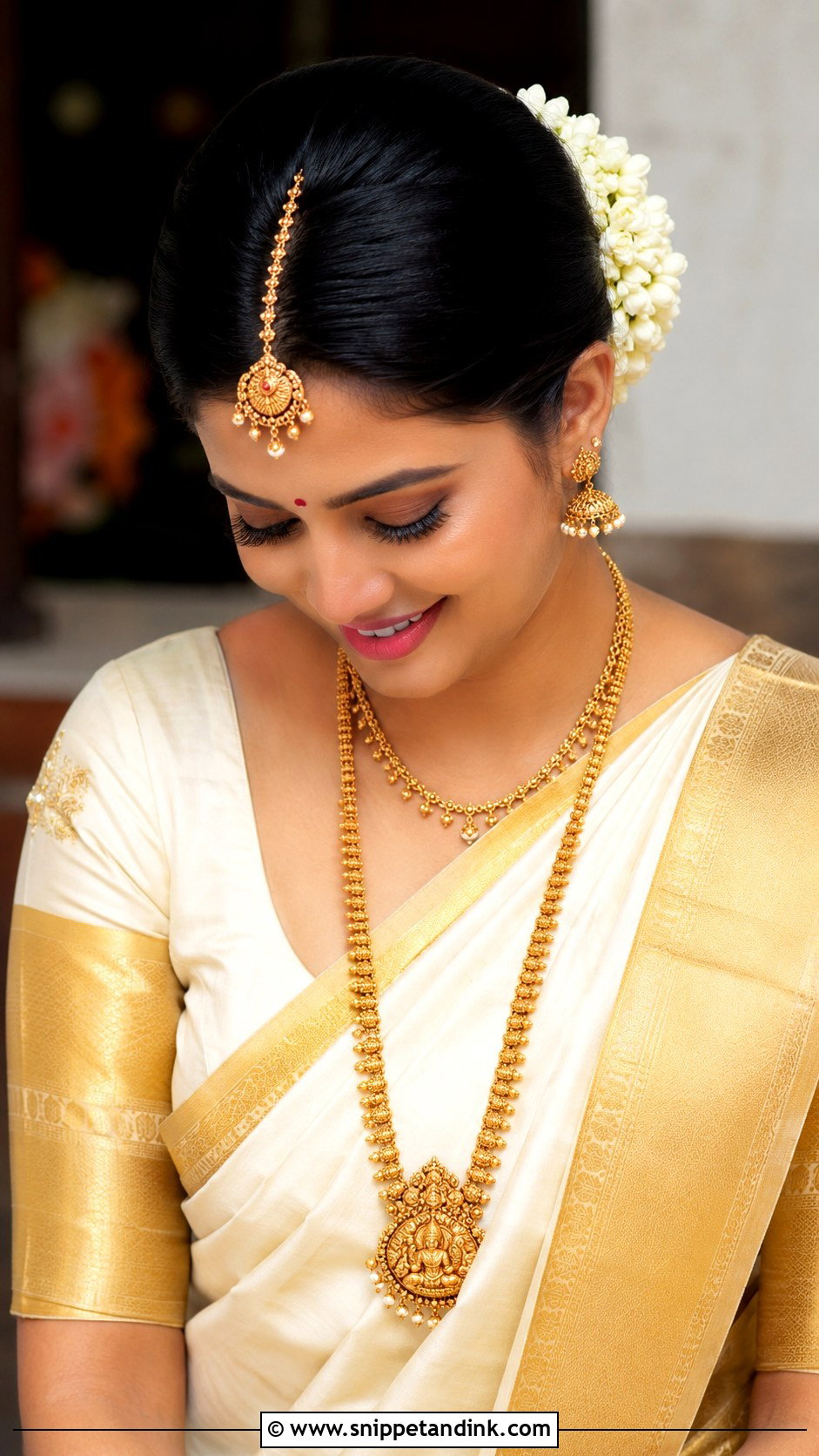 Tamil Bridal Low Bun With Maang Tikka - Snippet and Ink - 15 Tamil Bridal Hair Ideas