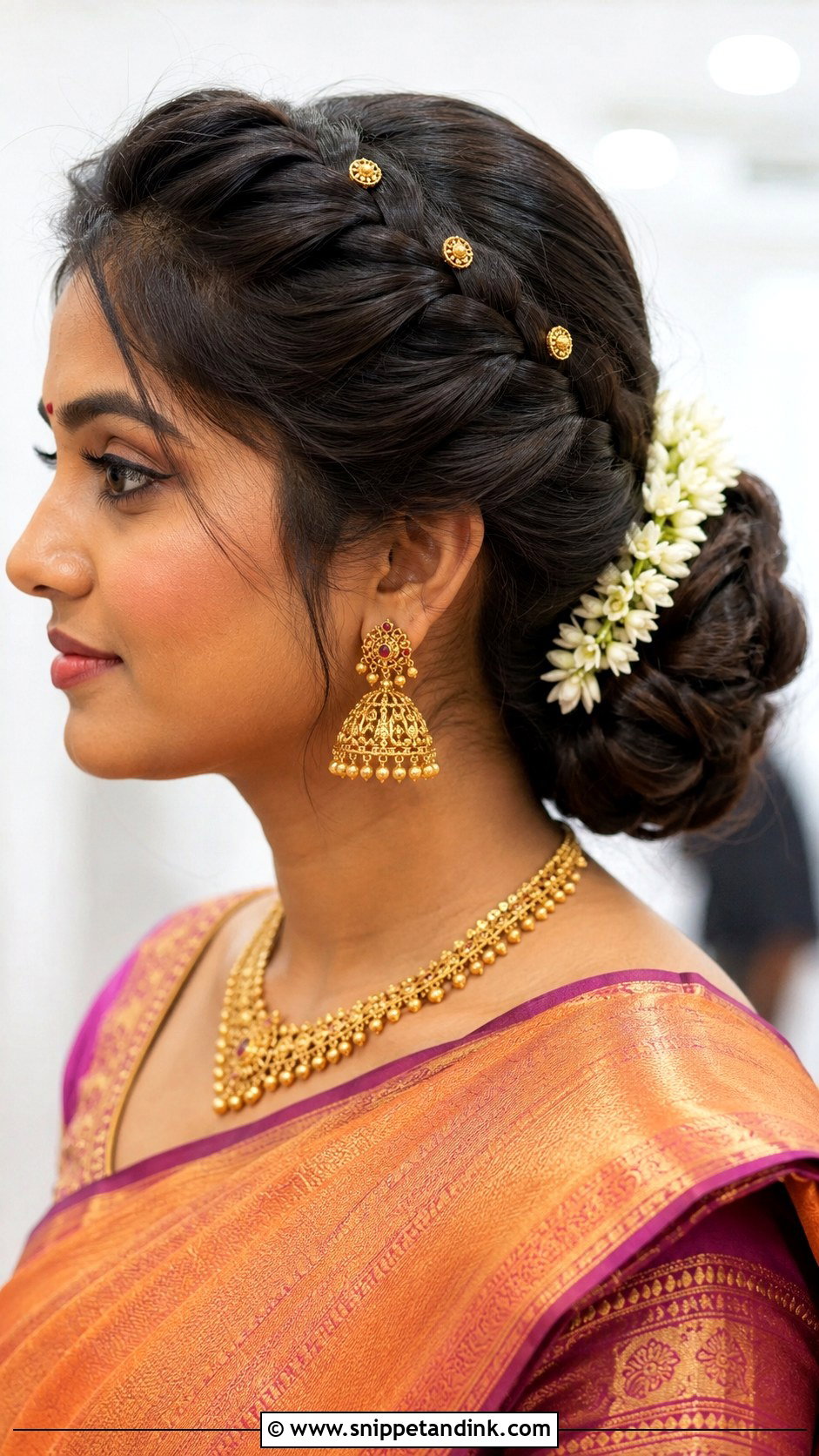 Tamil Bridesmaid French Braid Bun - Snippet and Ink - 20 Tamil Bridesmaid Hairstyle Ideas