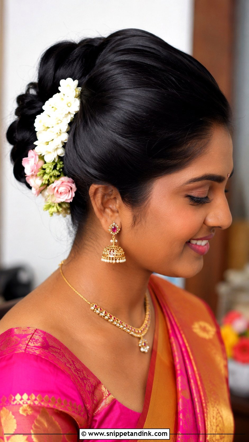 Tamil Bridesmaid High Bun With Flowers - Snippet and Ink - 20 Tamil Bridesmaid Hairstyle Ideas
