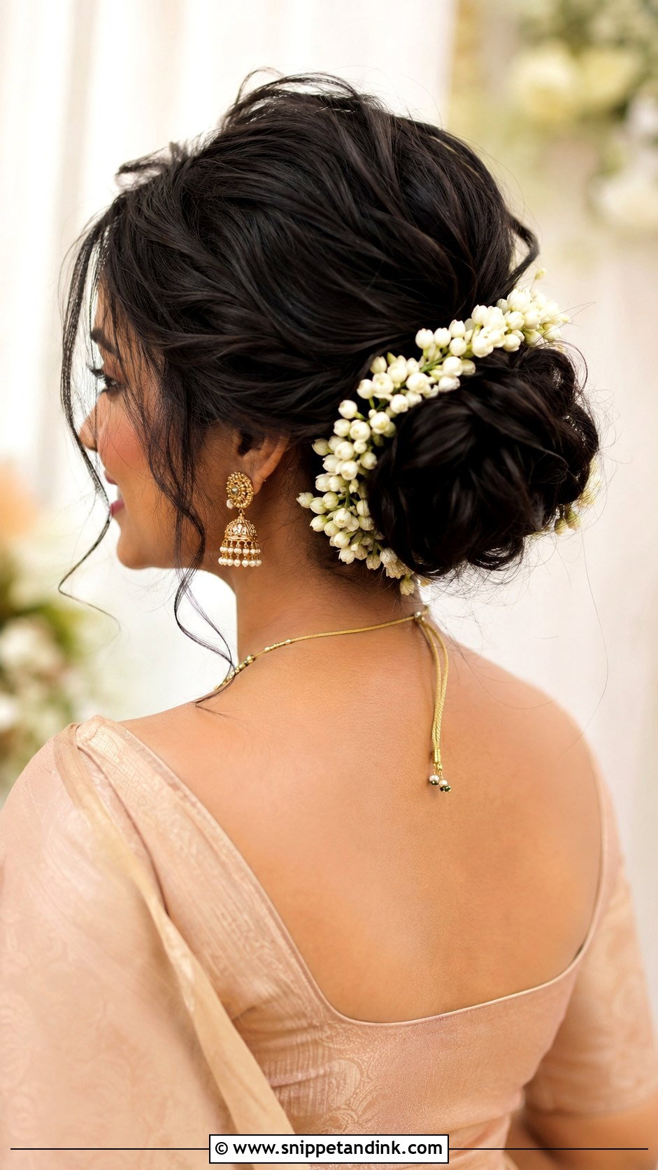 Tamil Bridesmaid Messy Bun With Jasmine - Snippet and Ink - 20 Tamil Bridesmaid Hairstyle Ideas