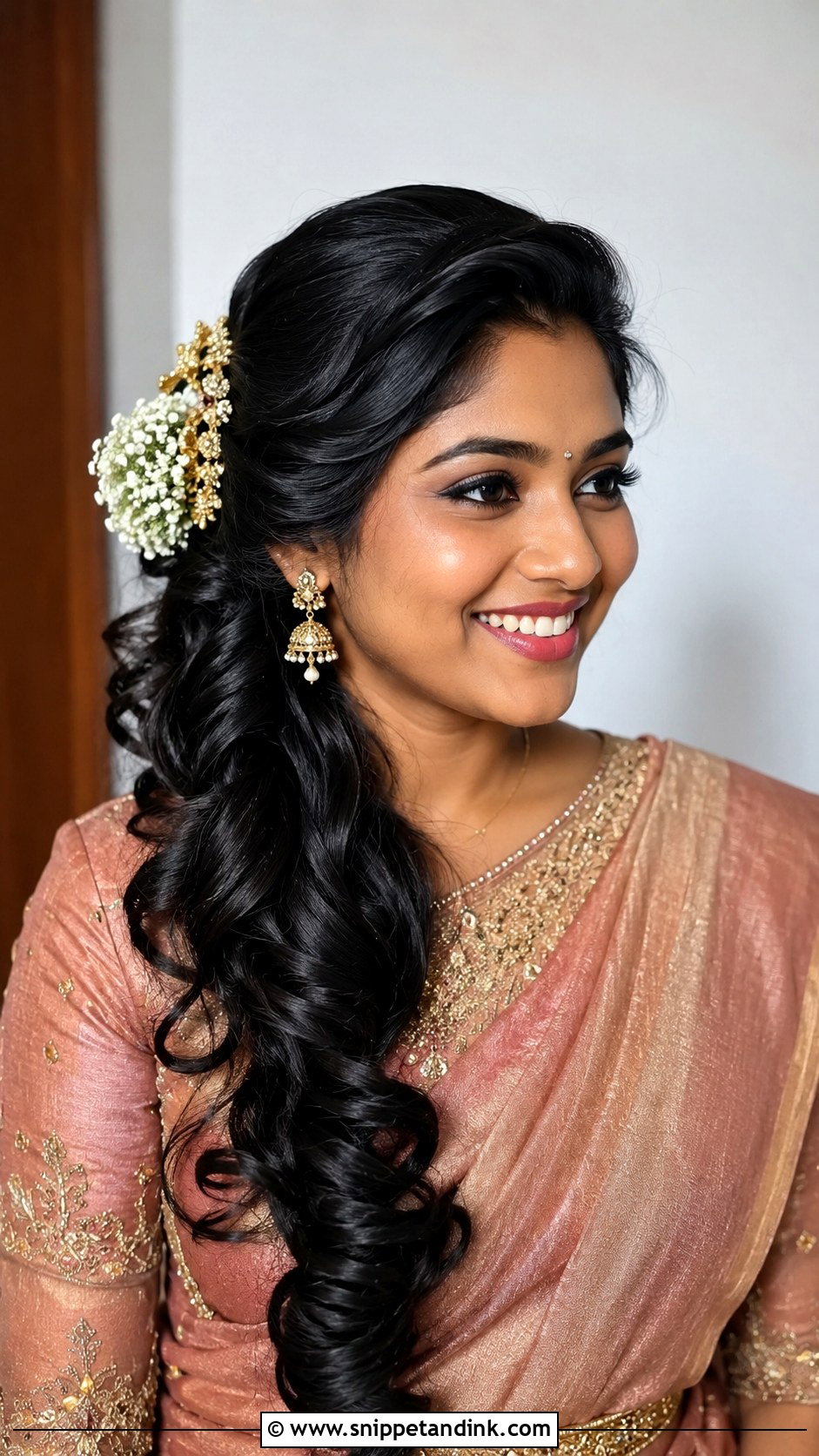 Tamil Bridesmaid Side Swept Curls - Snippet and Ink - 20 Tamil Bridesmaid Hairstyle Ideas