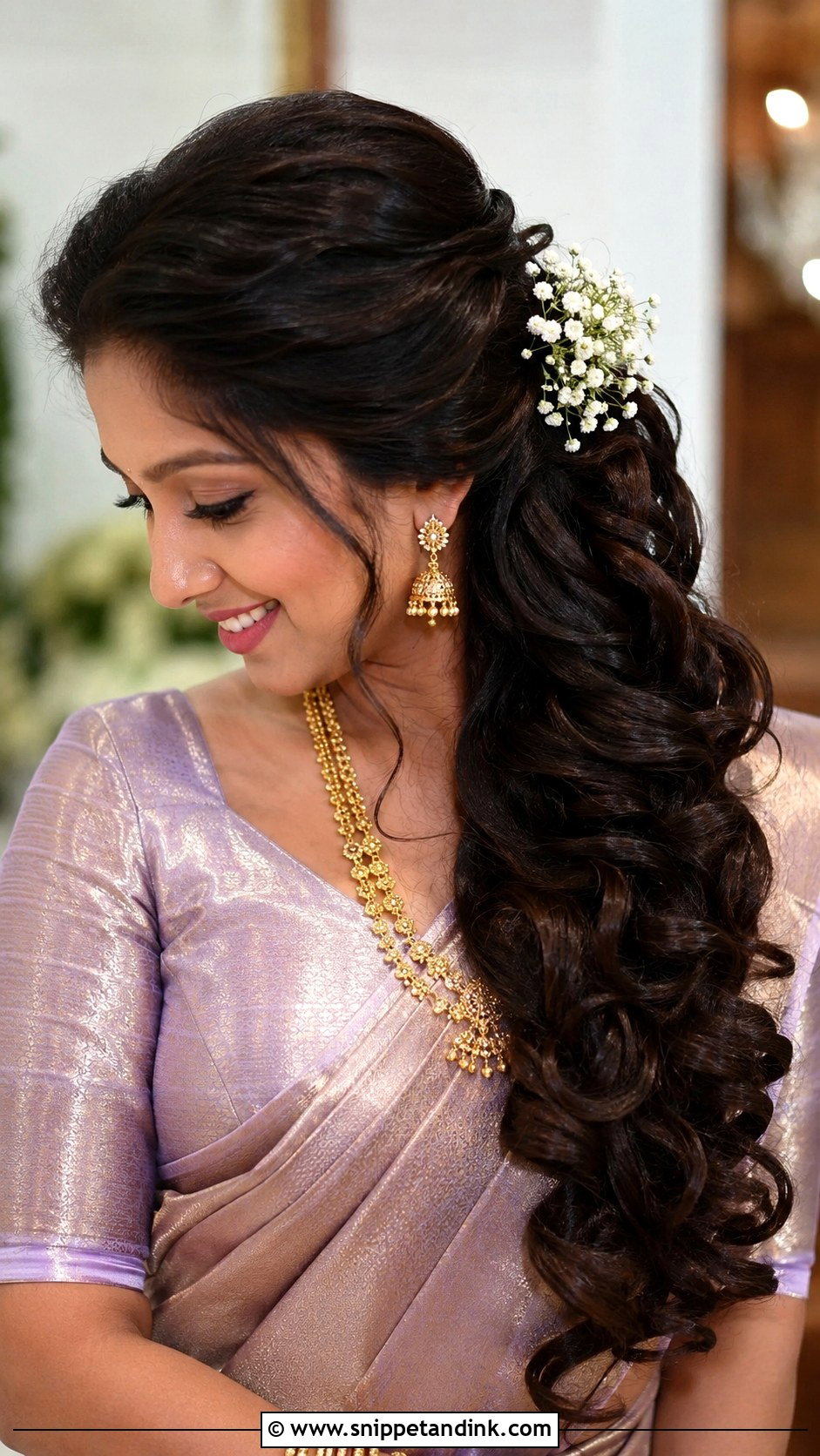 Tamil Reception Curls With Floral Pins - Snippet and Ink - 15 Tamil Wedding Hair Ideas