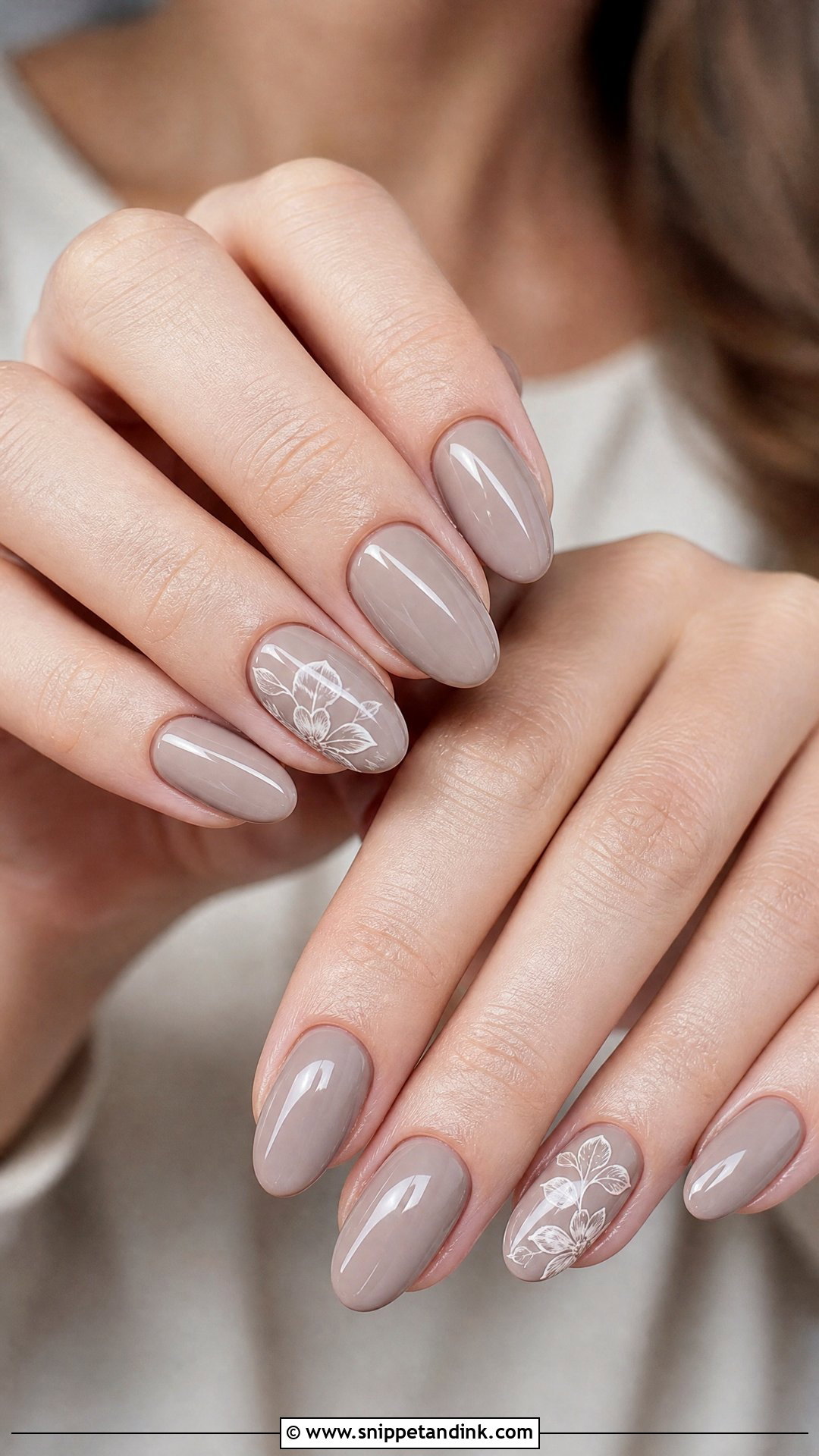 Taupe Nails With White Floral Accent - Snippet and Ink - 20 Nail Inspo for Wedding Guest Ideas