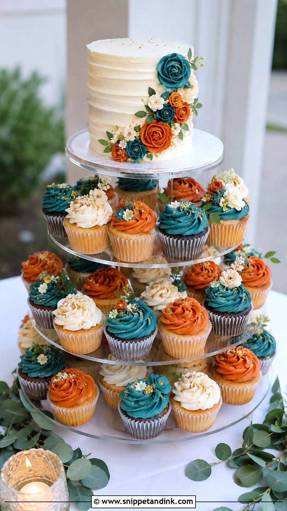 Teal And Burnt Orange Cupcake Wedding Cake - Snippet and Ink - 25 Teal and Burnt Orange Wedding Cake Ideas