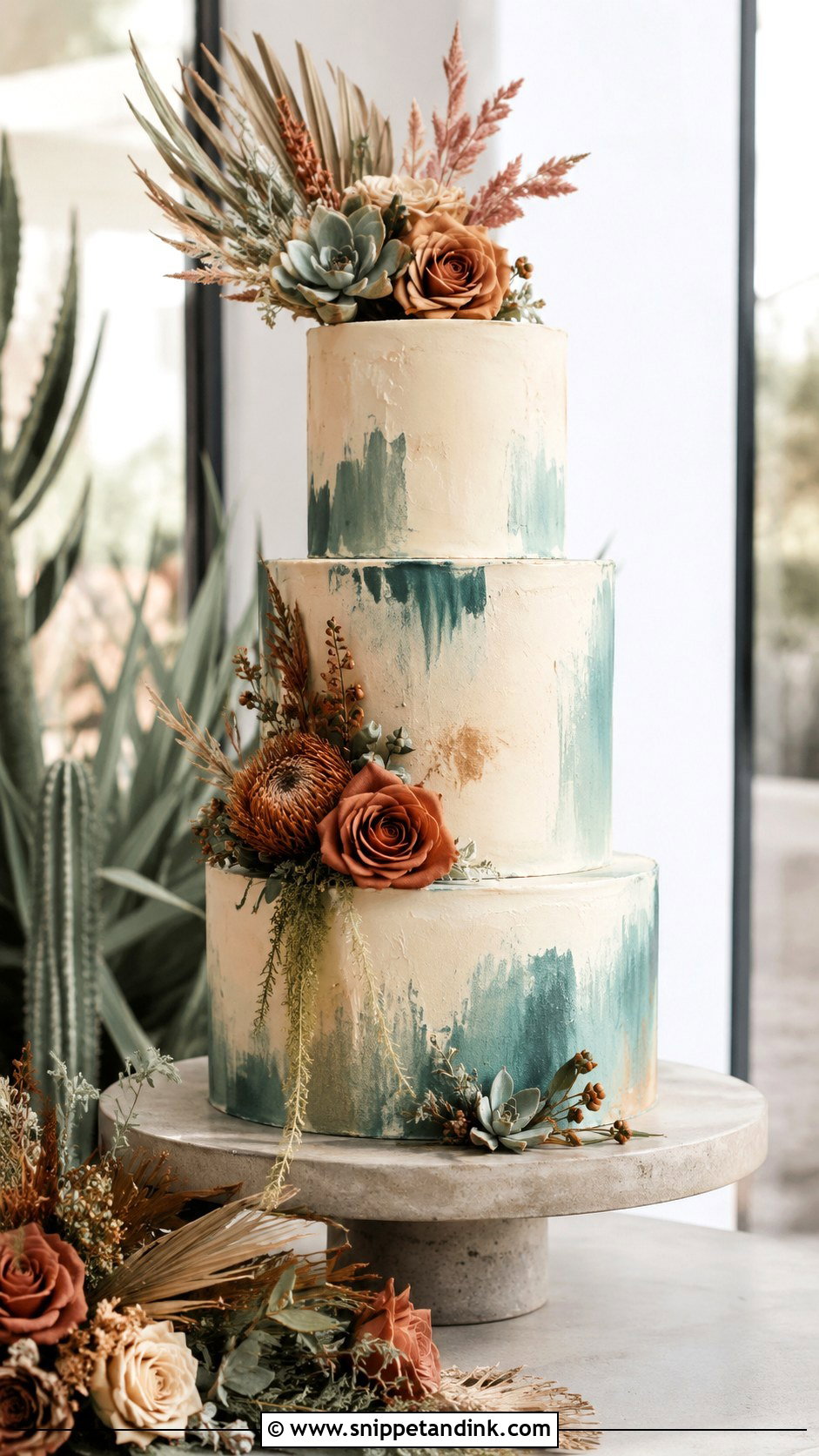 Teal And Burnt Orange Desert Wedding Cake - Snippet and Ink - 25 Teal and Burnt Orange Wedding Cake Ideas