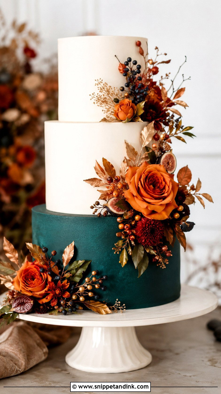 Teal And Burnt Orange Fall Wedding Cake - Snippet and Ink - 25 Teal and Burnt Orange Wedding Cake Ideas